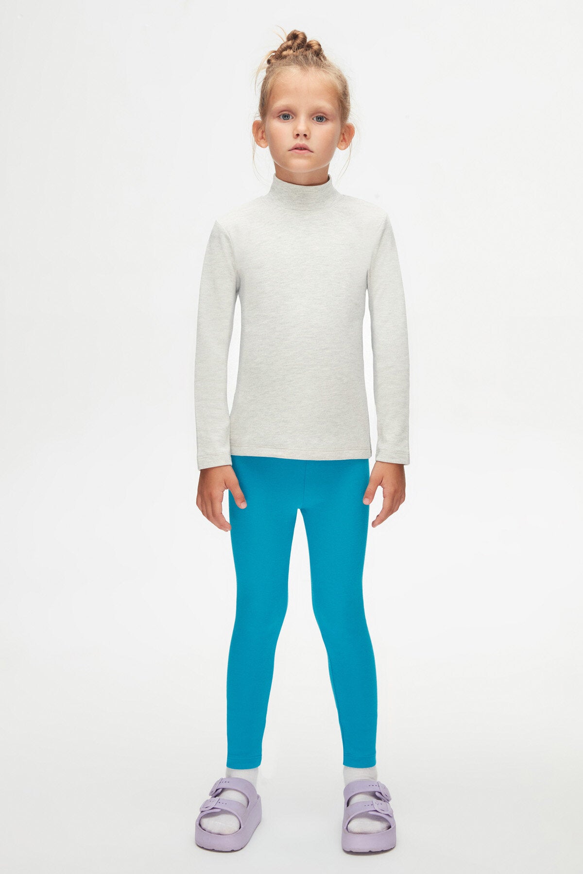 Girls' Basic Winter Mock Neck Long Sleeve T-Shirt (BRIGHT GRAY MELANGE)