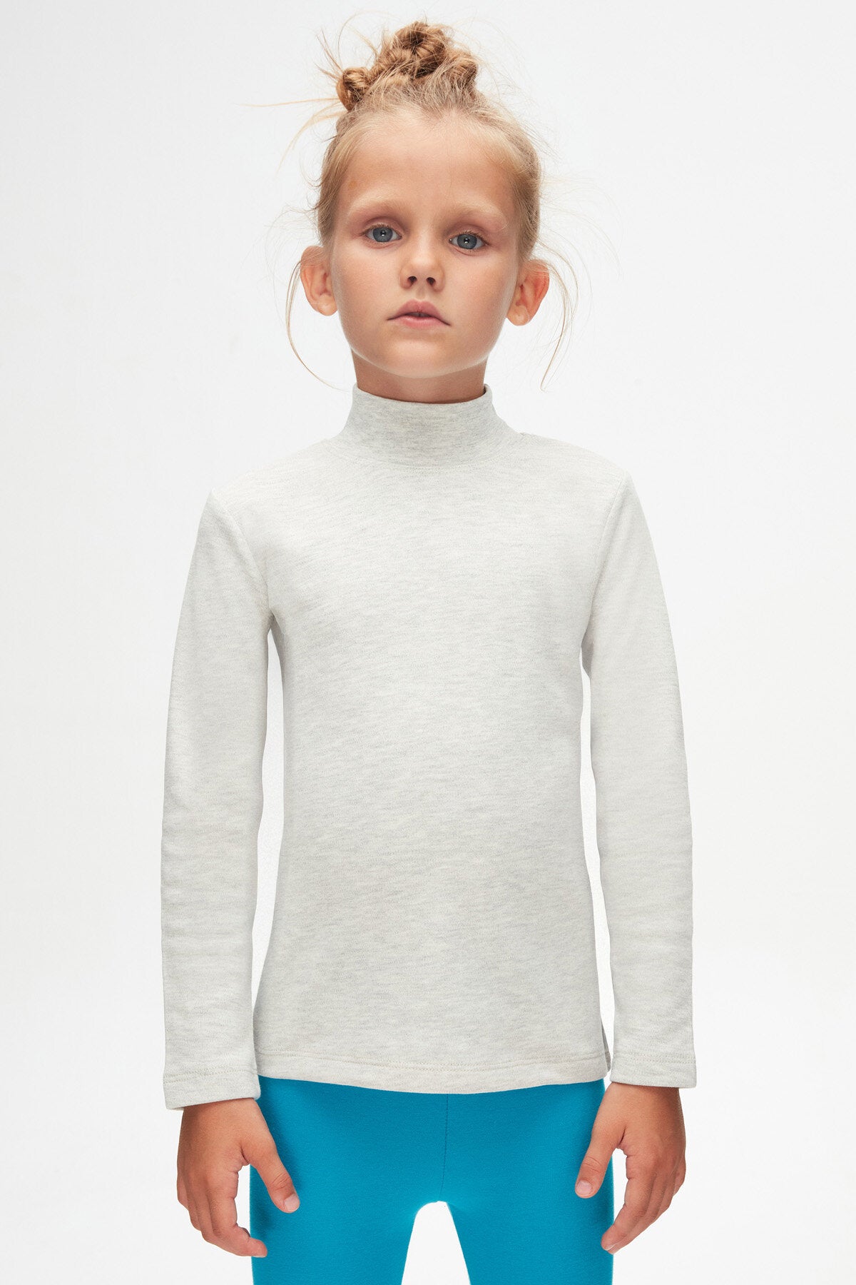 Girls' Basic Winter Mock Neck Long Sleeve T-Shirt (BRIGHT GRAY MELANGE)