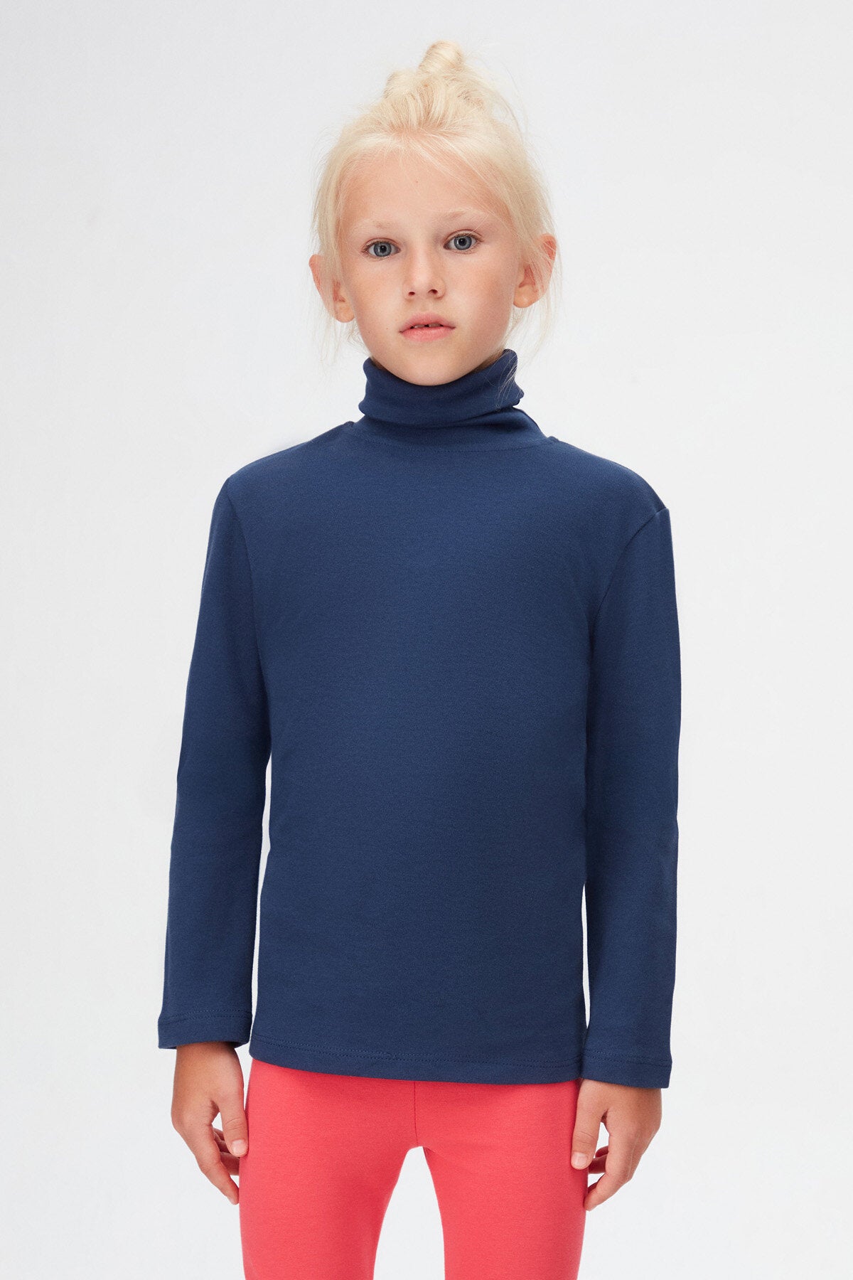 Girls' Basic Winter Full Turtleneck Long Sleeve T-Shirt (NAVY)