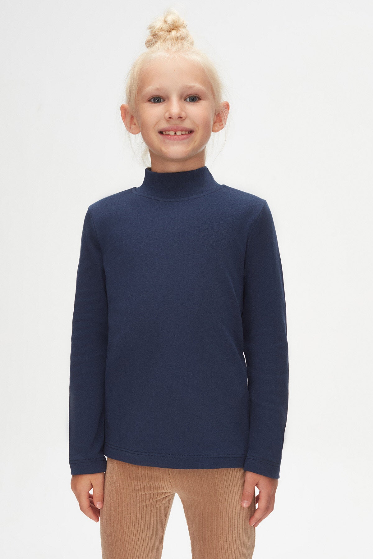 Girls' Basic Winter Mock Neck Long Sleeve T-Shirt (NAVY)