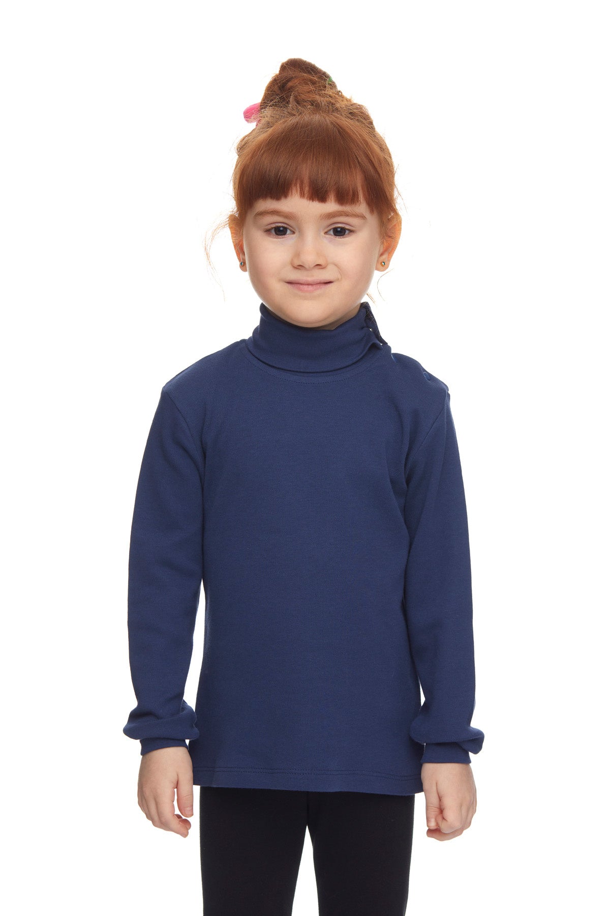 Girls' Basic Snap-Button Full Turtleneck Fleeced Winter Long Sleeve T-Shirt (NAVY)