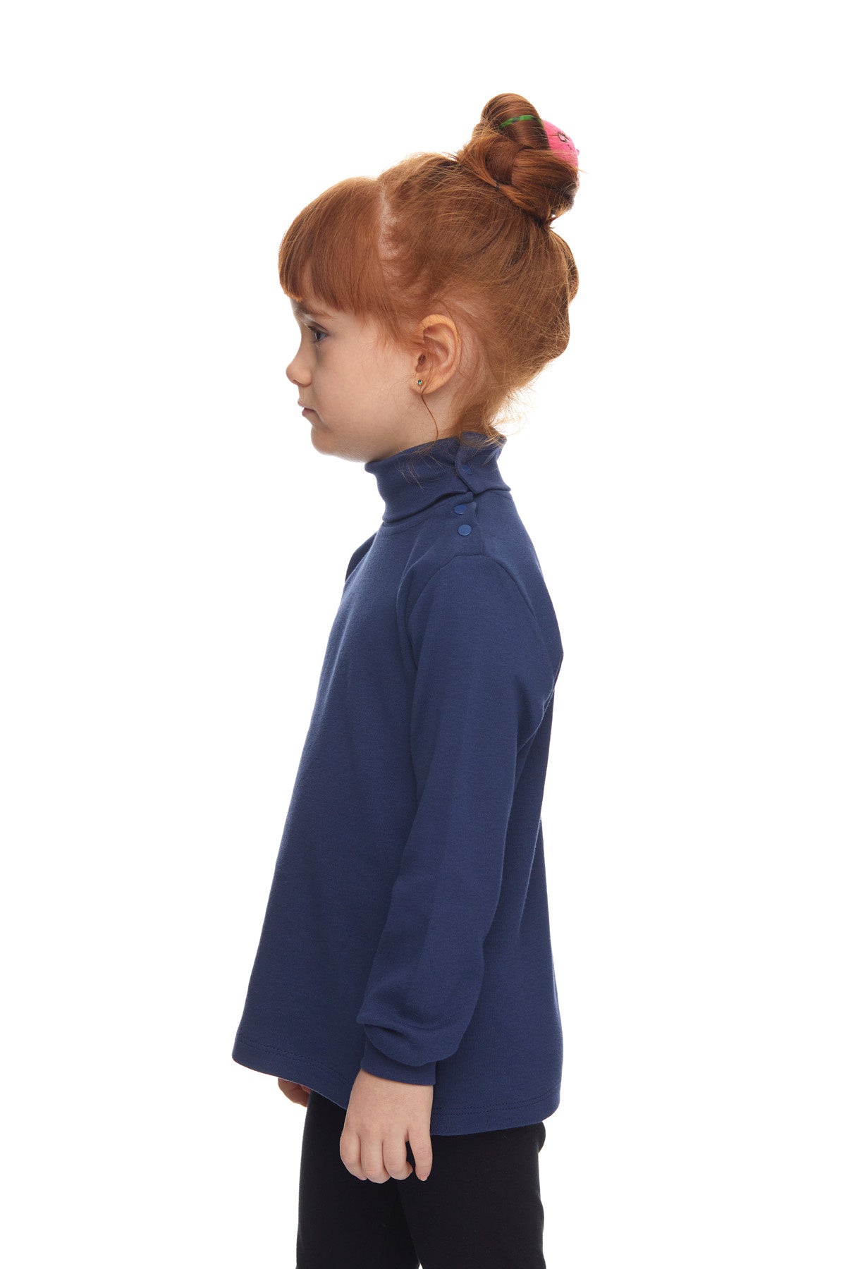 Girls' Basic Snap-Button Full Turtleneck Fleeced Winter Long Sleeve T-Shirt (NAVY)