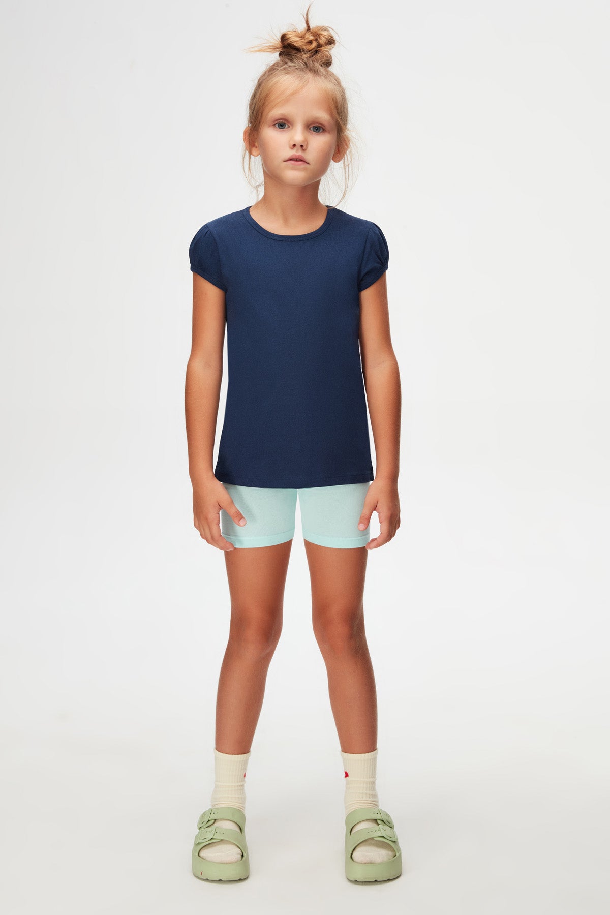 Girls' Basic Crew Neck Puff Sleeve T-Shirt (NAVY)