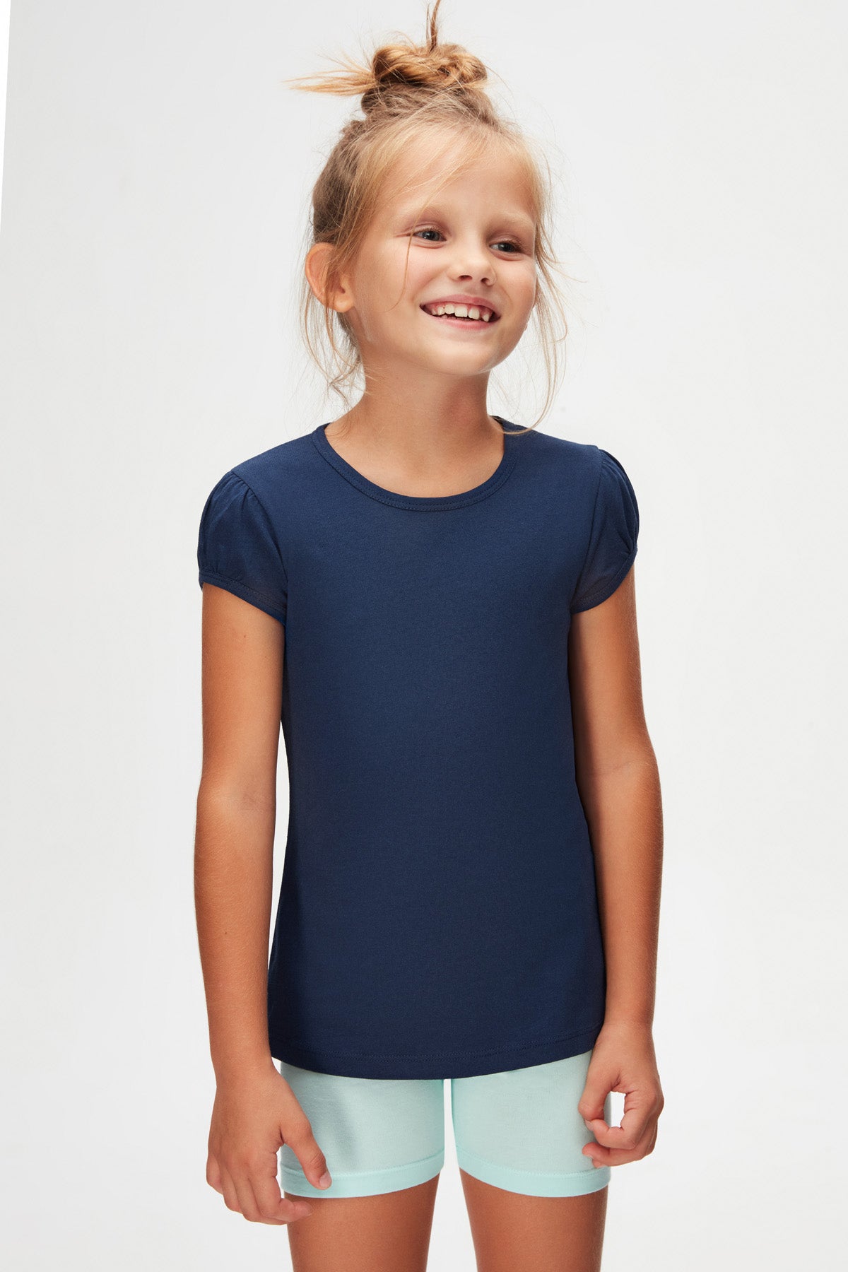 Girls' Basic Crew Neck Puff Sleeve T-Shirt (NAVY)