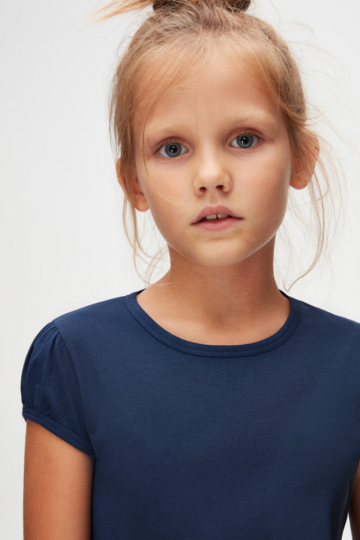 Girls' Basic Crew Neck Puff Sleeve T-Shirt (NAVY)