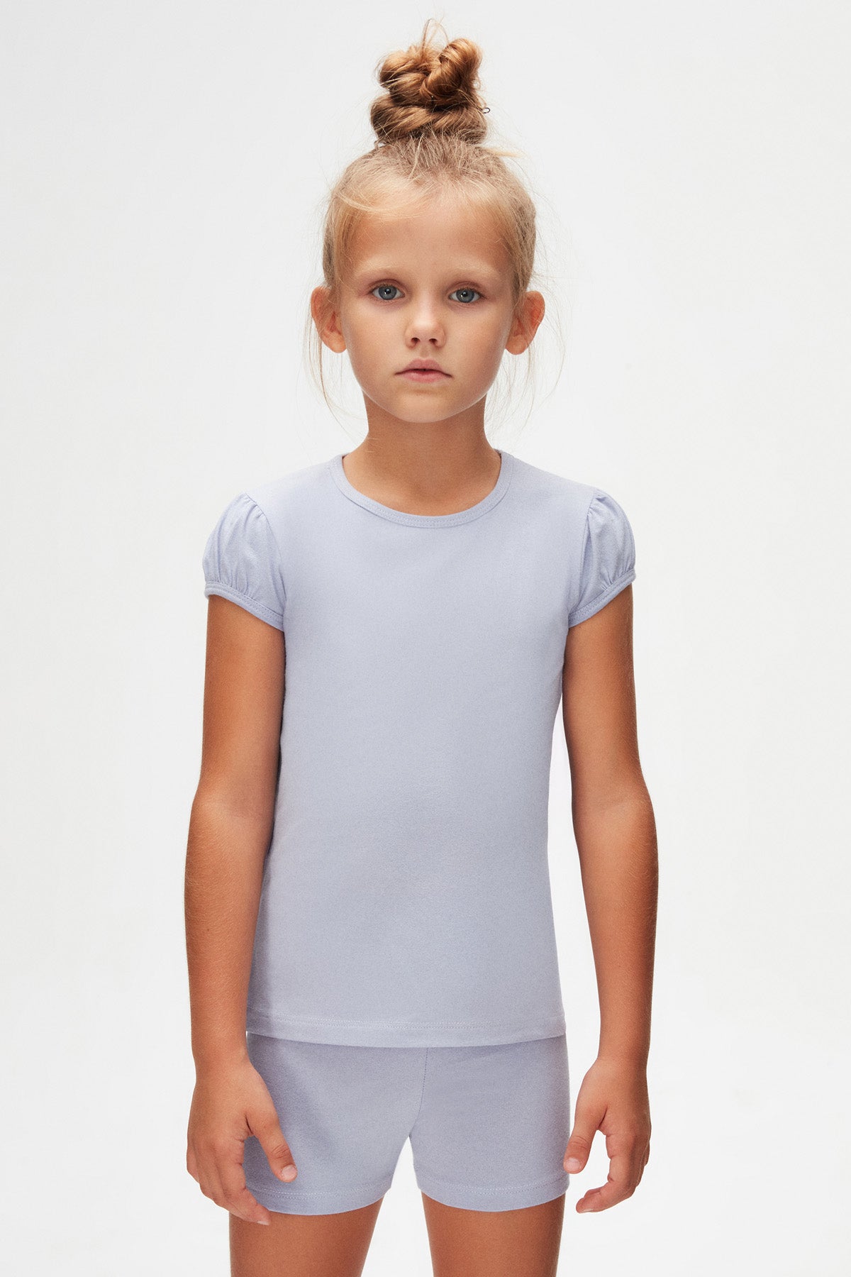 Girls' Basic Crew Neck Puff Sleeve T-Shirt (MISTY LILAC)