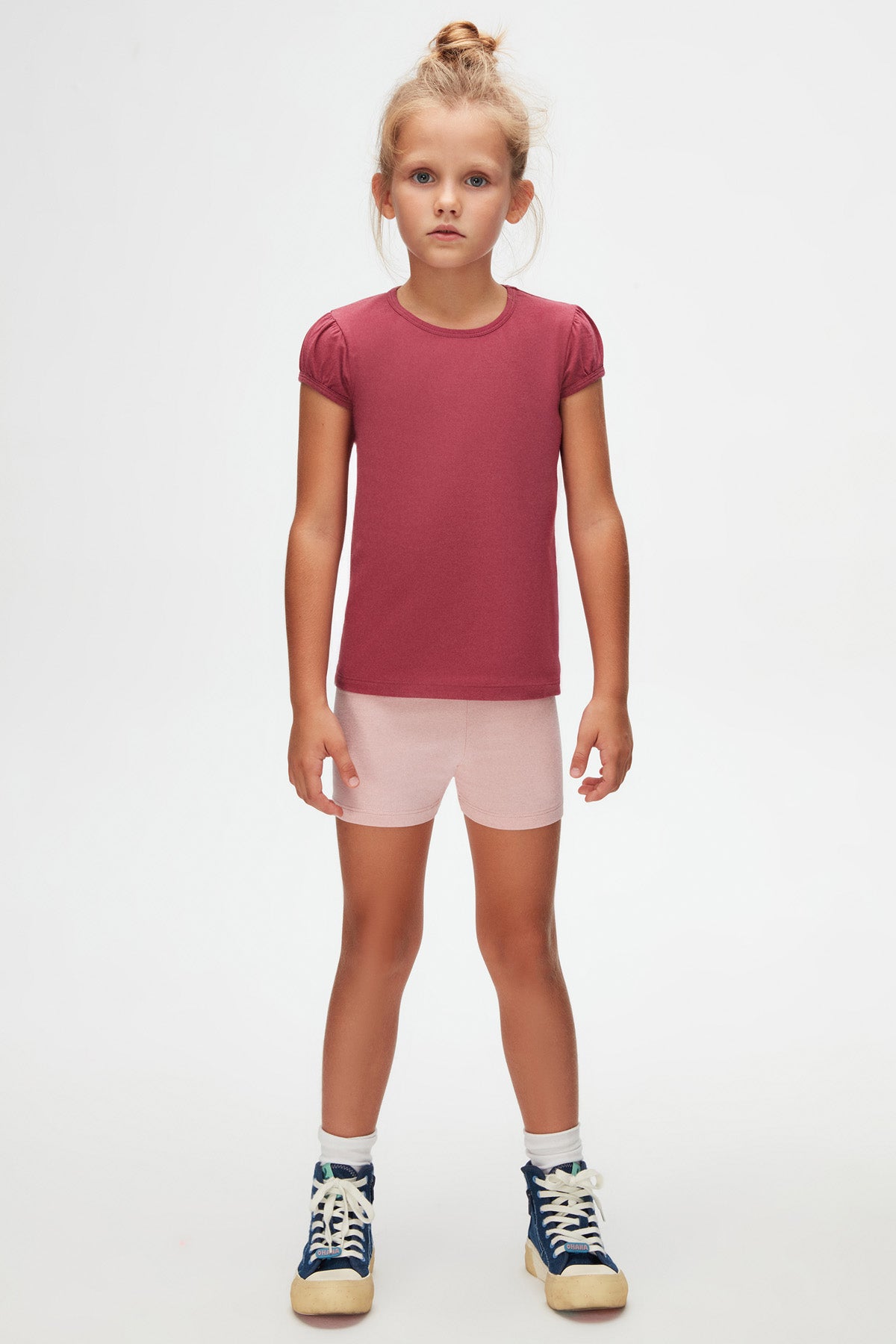 Girls' Basic Crew Neck Puff Sleeve T-Shirt (RED VIOLET)