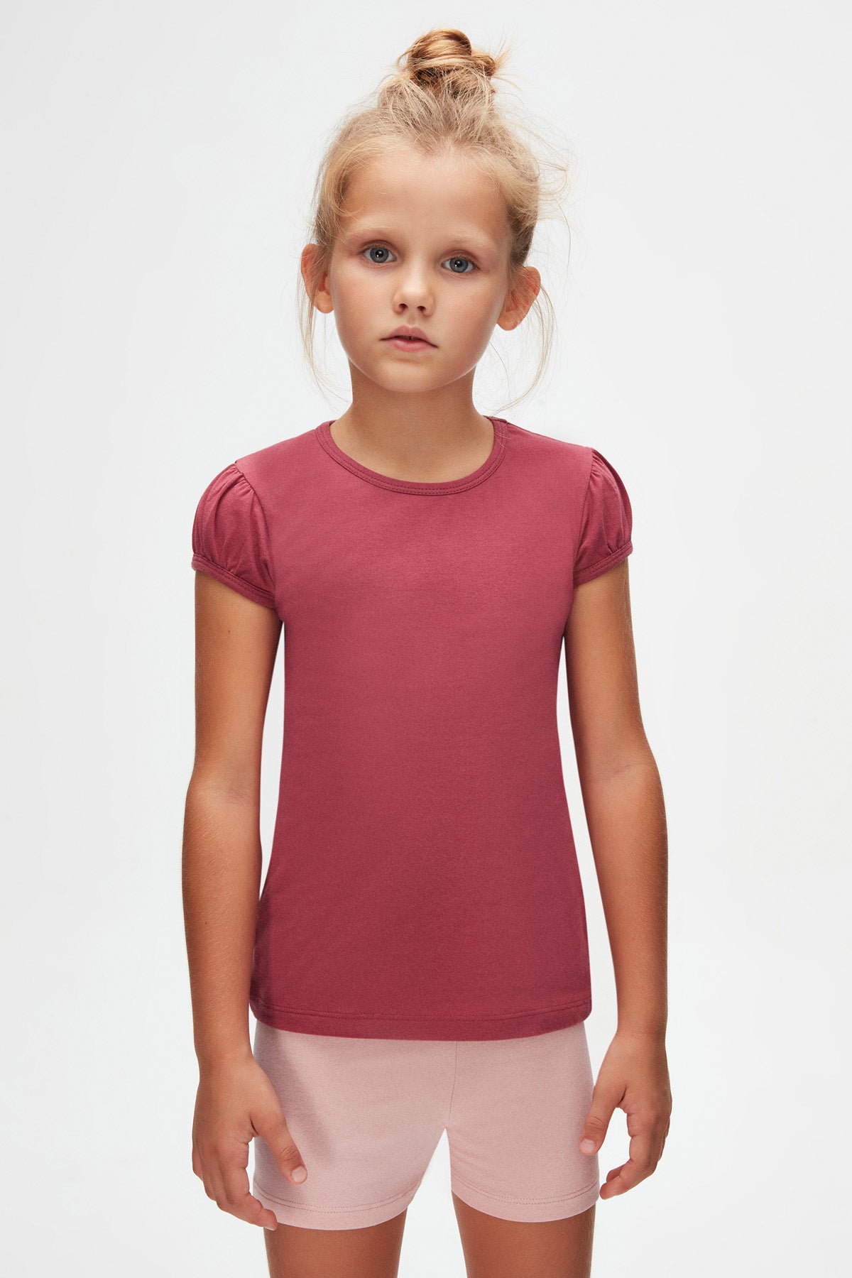 Girls' Basic Crew Neck Puff Sleeve T-Shirt (RED VIOLET)