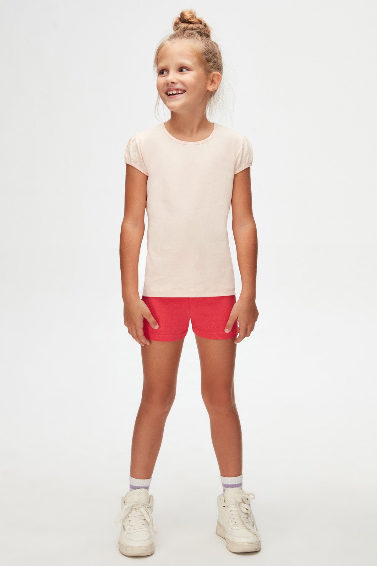Girls' Basic Crew Neck Puff Sleeve T-Shirt (BRIGHT POWDER PINK)