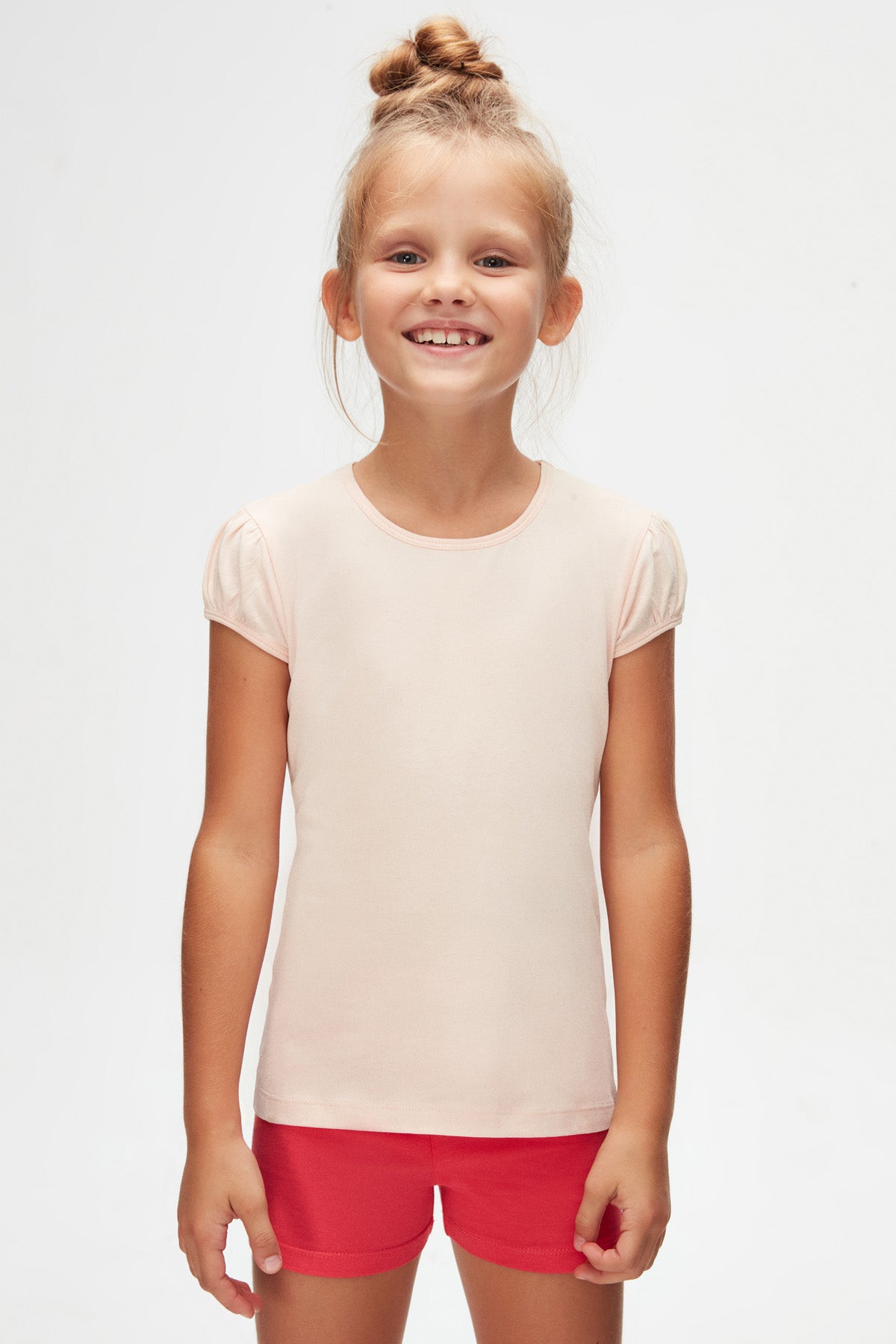 Girls' Basic Crew Neck Puff Sleeve T-Shirt (BRIGHT POWDER PINK)