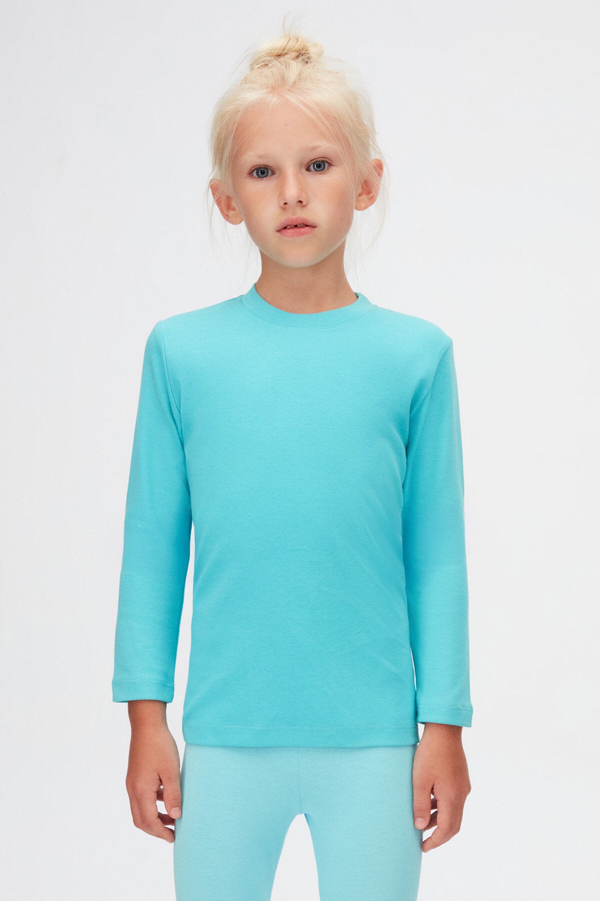 Basic Unisex Kids Winter Crew Neck Long Sleeve T-Shirt (POOL TURQUOISE)
