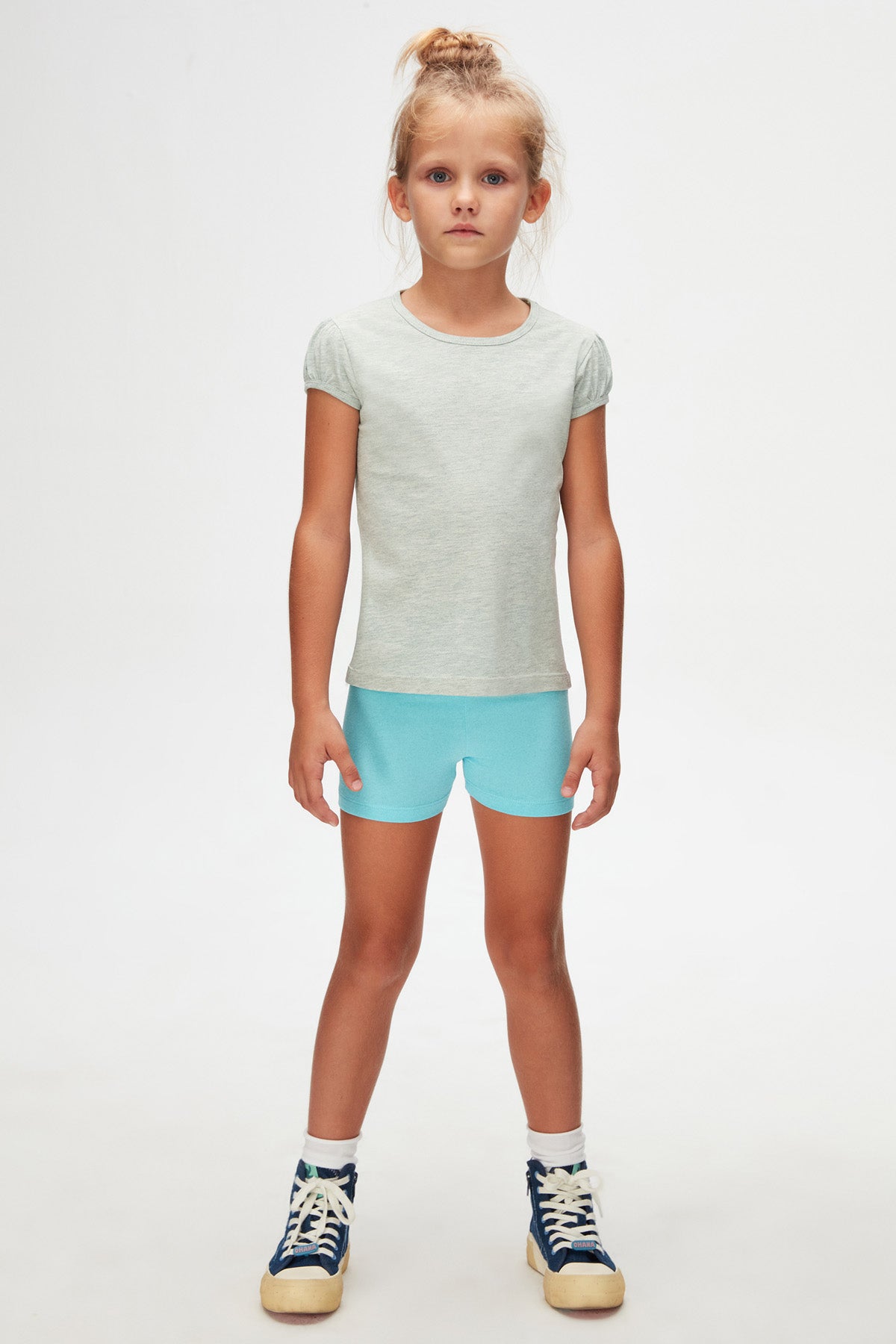 Girls' Basic Crew Neck Puff Sleeve T-Shirt (BRIGHT GREEN MELANGE)