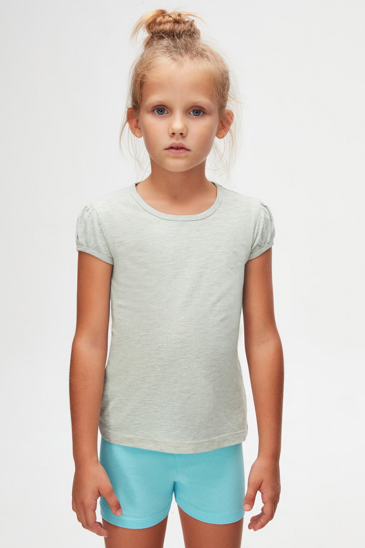 Girls' Basic Crew Neck Puff Sleeve T-Shirt (BRIGHT GREEN MELANGE)