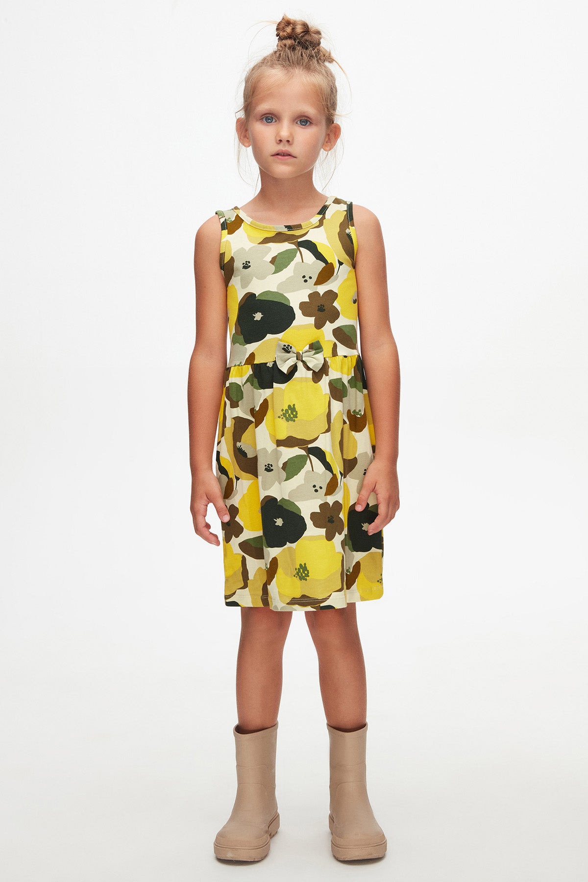 Girls Retro Flowers Patterned Sleeveless Dress (SPRING GREEN)
