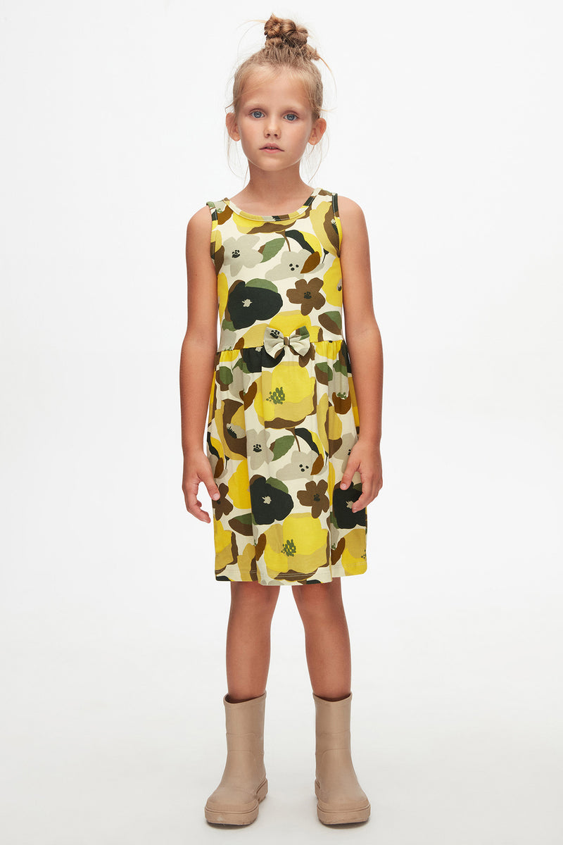 Girls Retro Flowers Patterned Sleeveless Dress (SPRING GREEN)