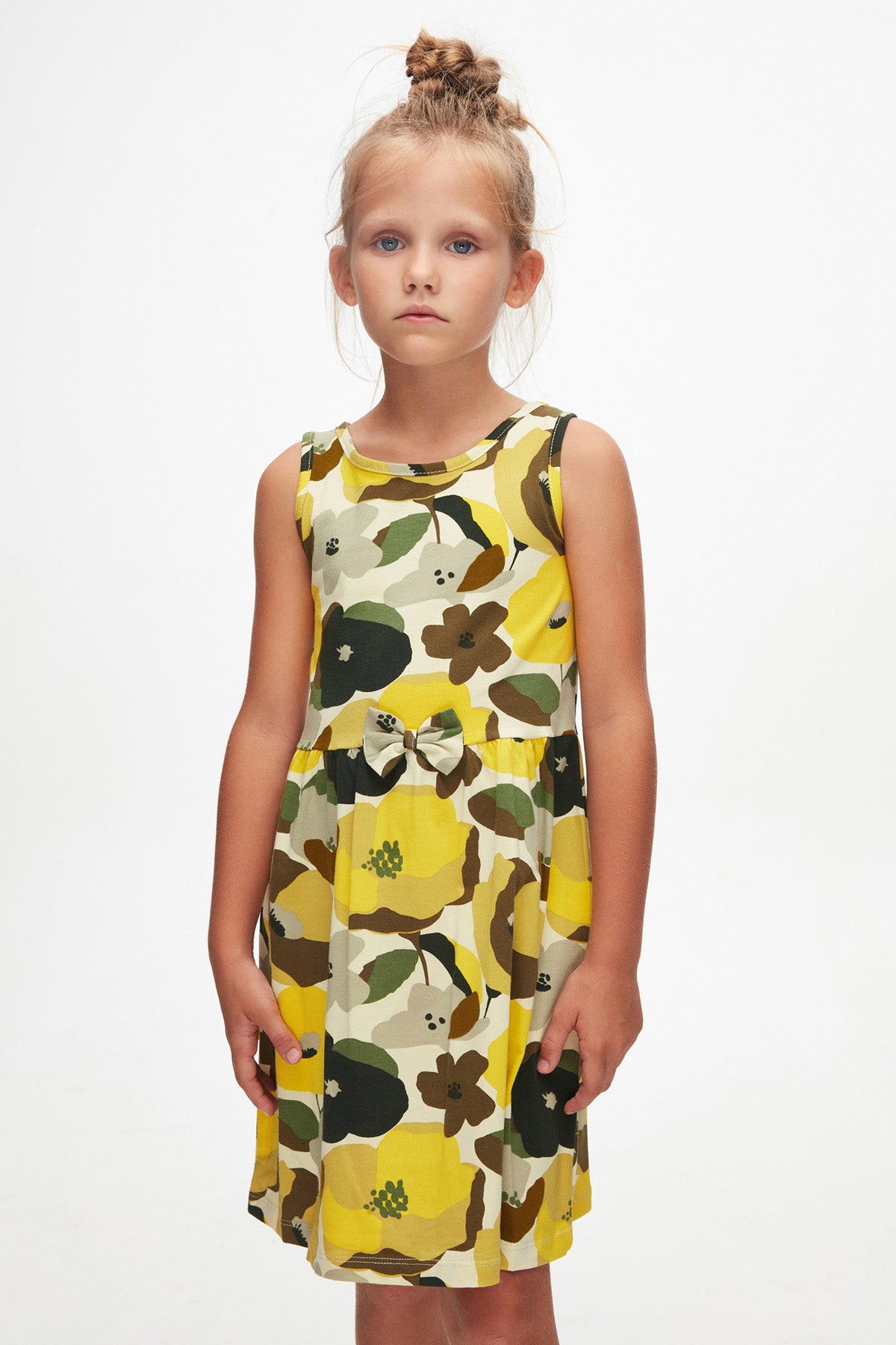 Girls Retro Flowers Patterned Sleeveless Dress (SPRING GREEN)