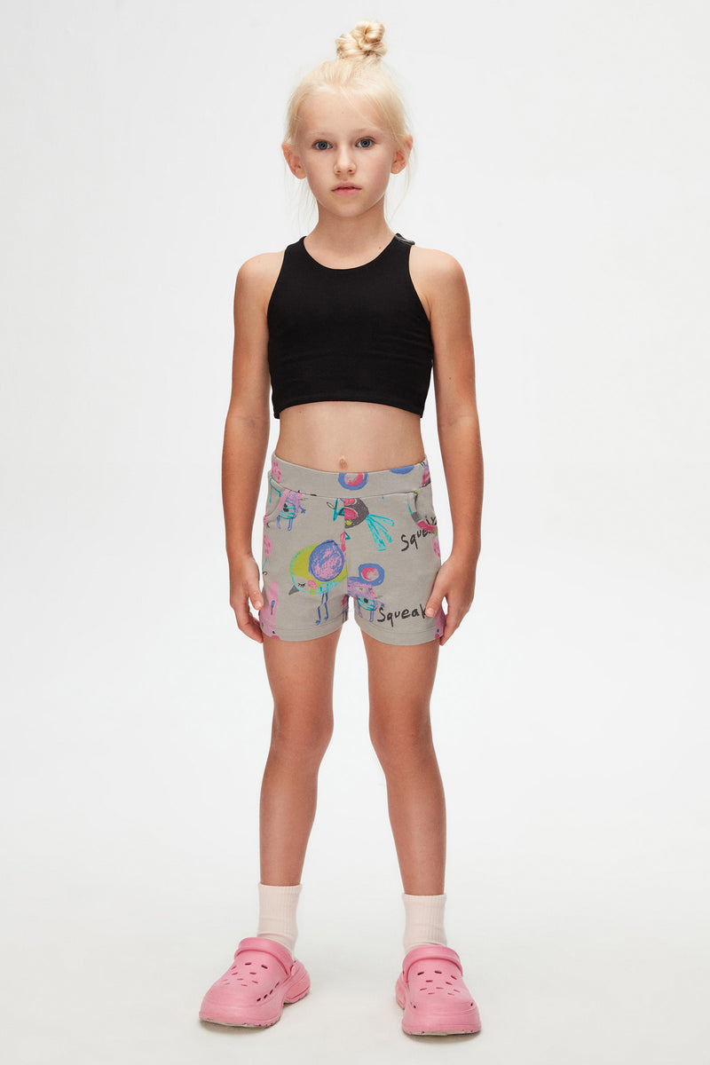 Chirping Animals Girls' Patterned Shorts with Pockets (MOON GRAY)