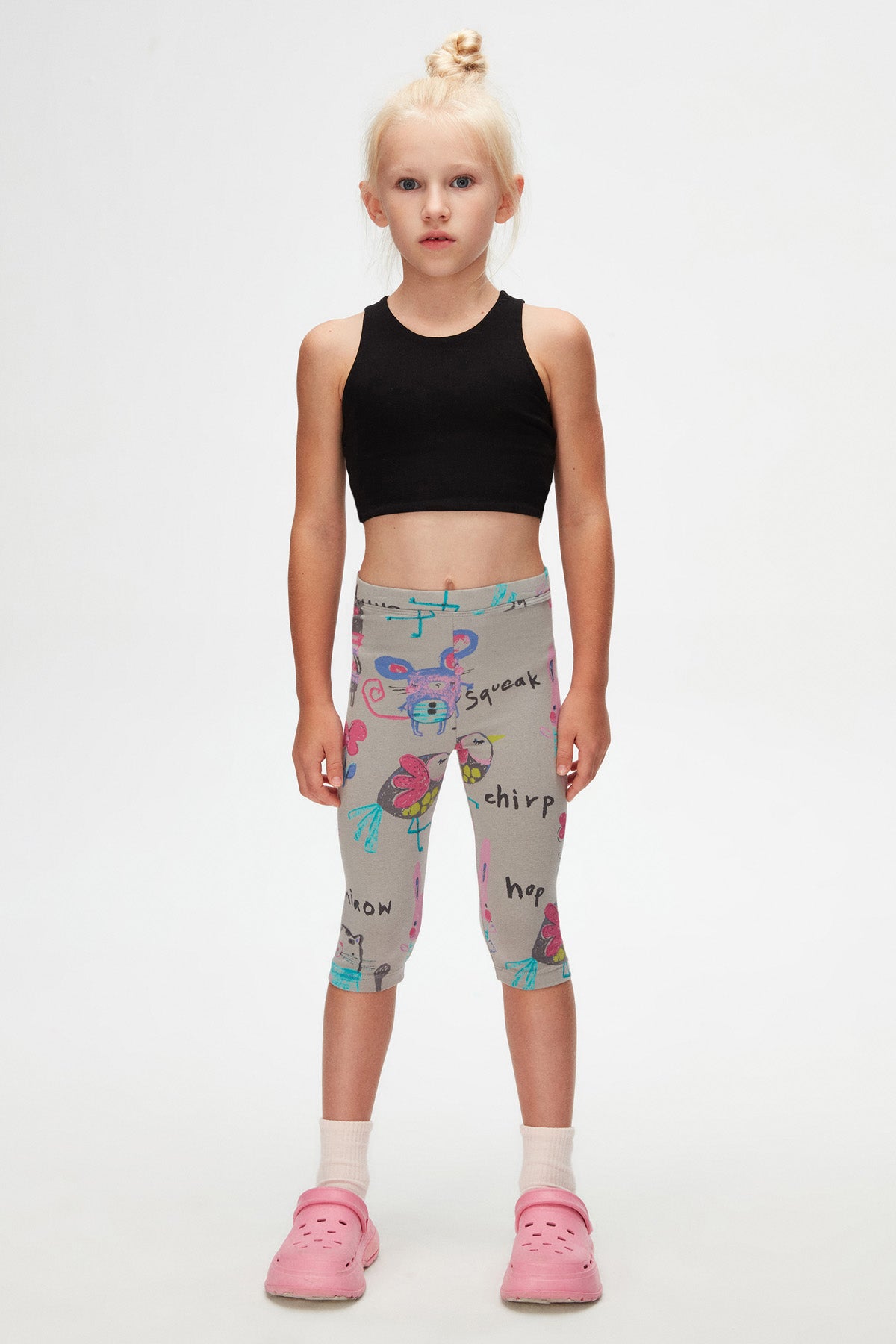 Girls' Chirping Animals Patterned Capri Leggings (MOON GRAY)