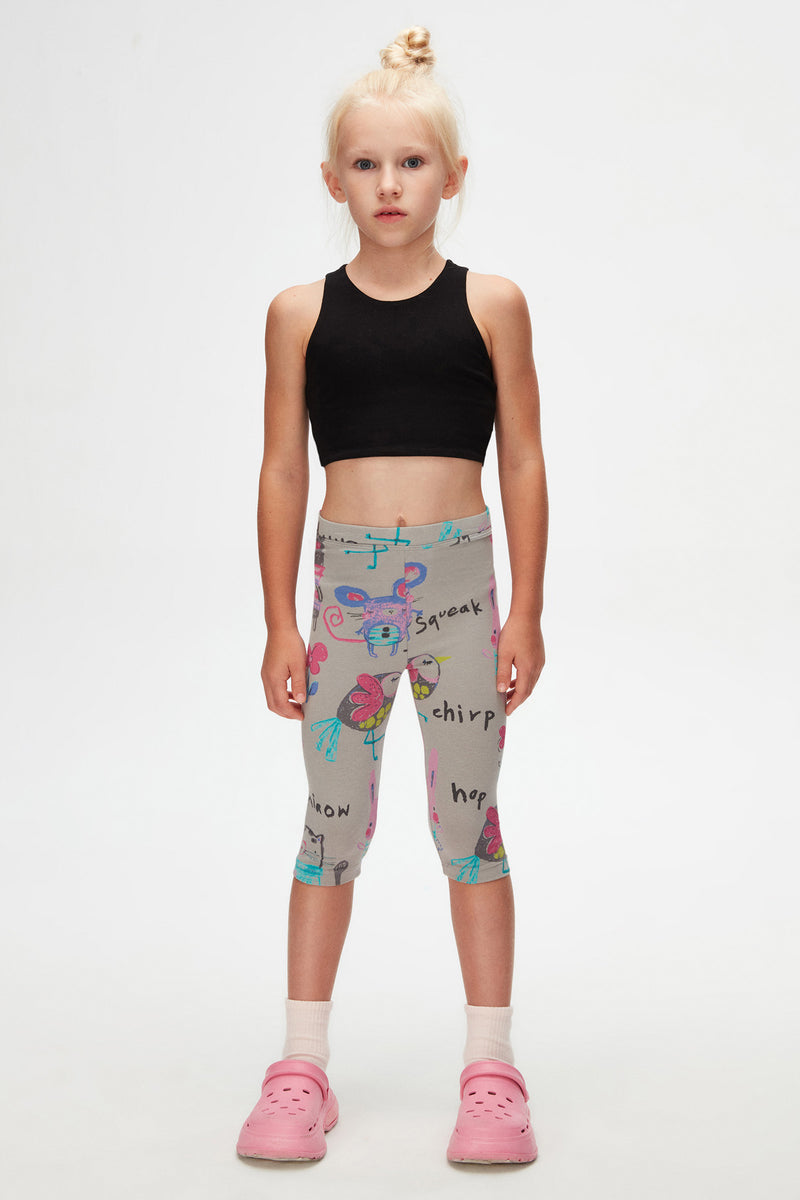 Girls' Chirping Animals Patterned Capri Leggings (MOON GRAY)