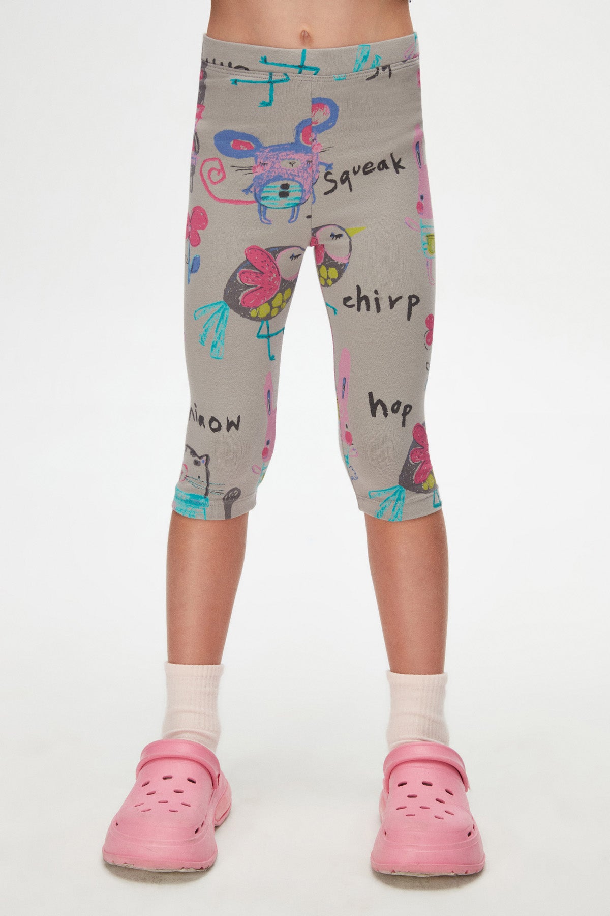 Girls' Chirping Animals Patterned Capri Leggings (MOON GRAY)