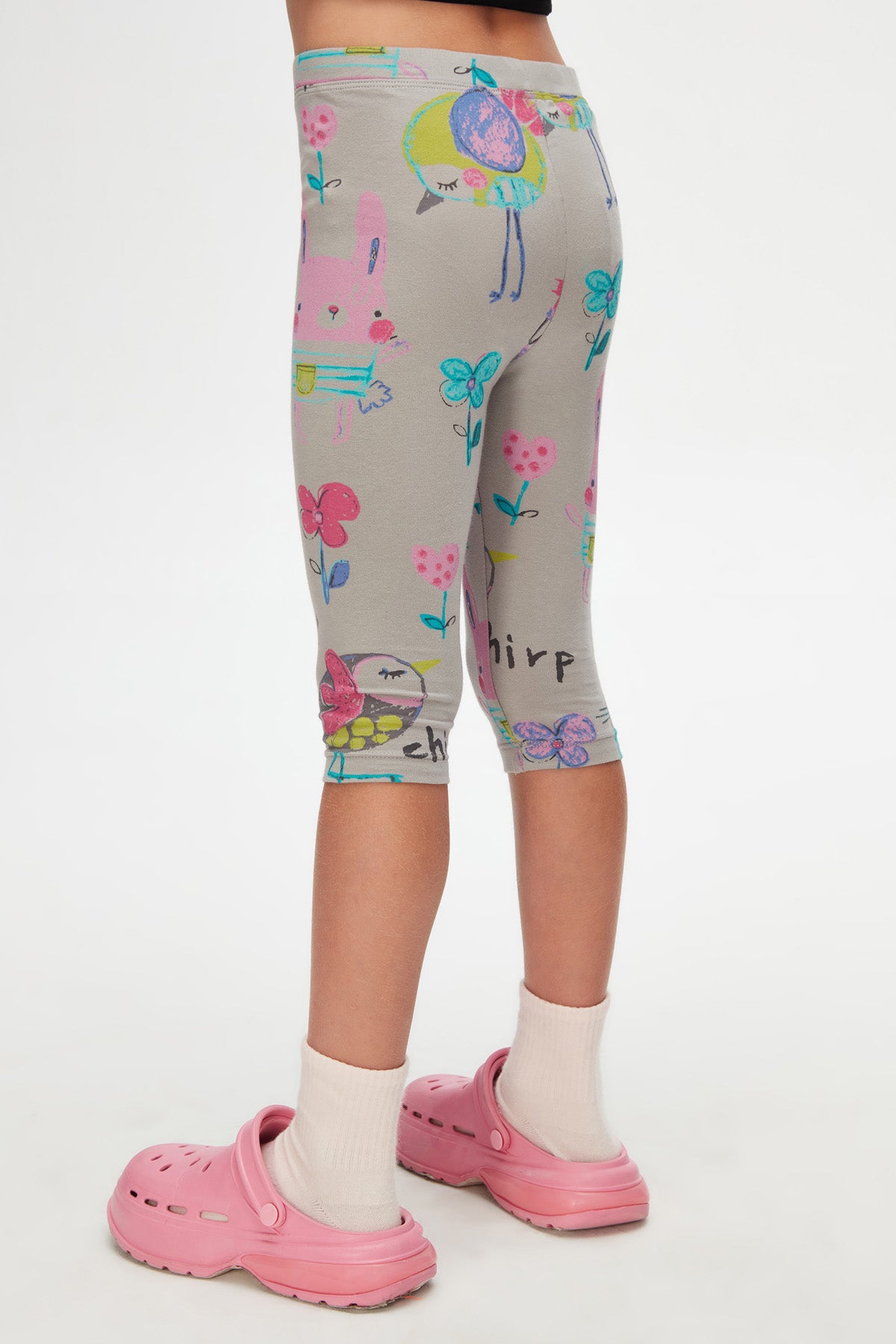 Girls' Chirping Animals Patterned Capri Leggings (MOON GRAY)