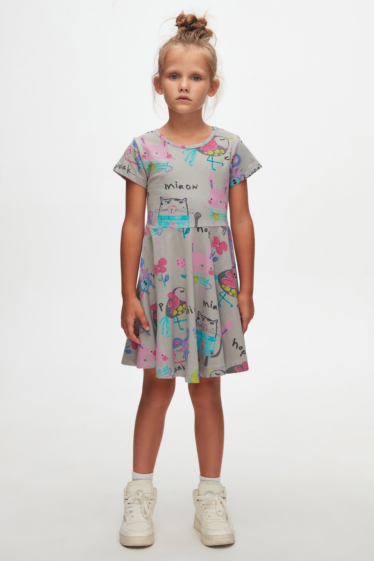 Girls' Chirping Animals Patterned Short Sleeve Dress (MOON GRAY)