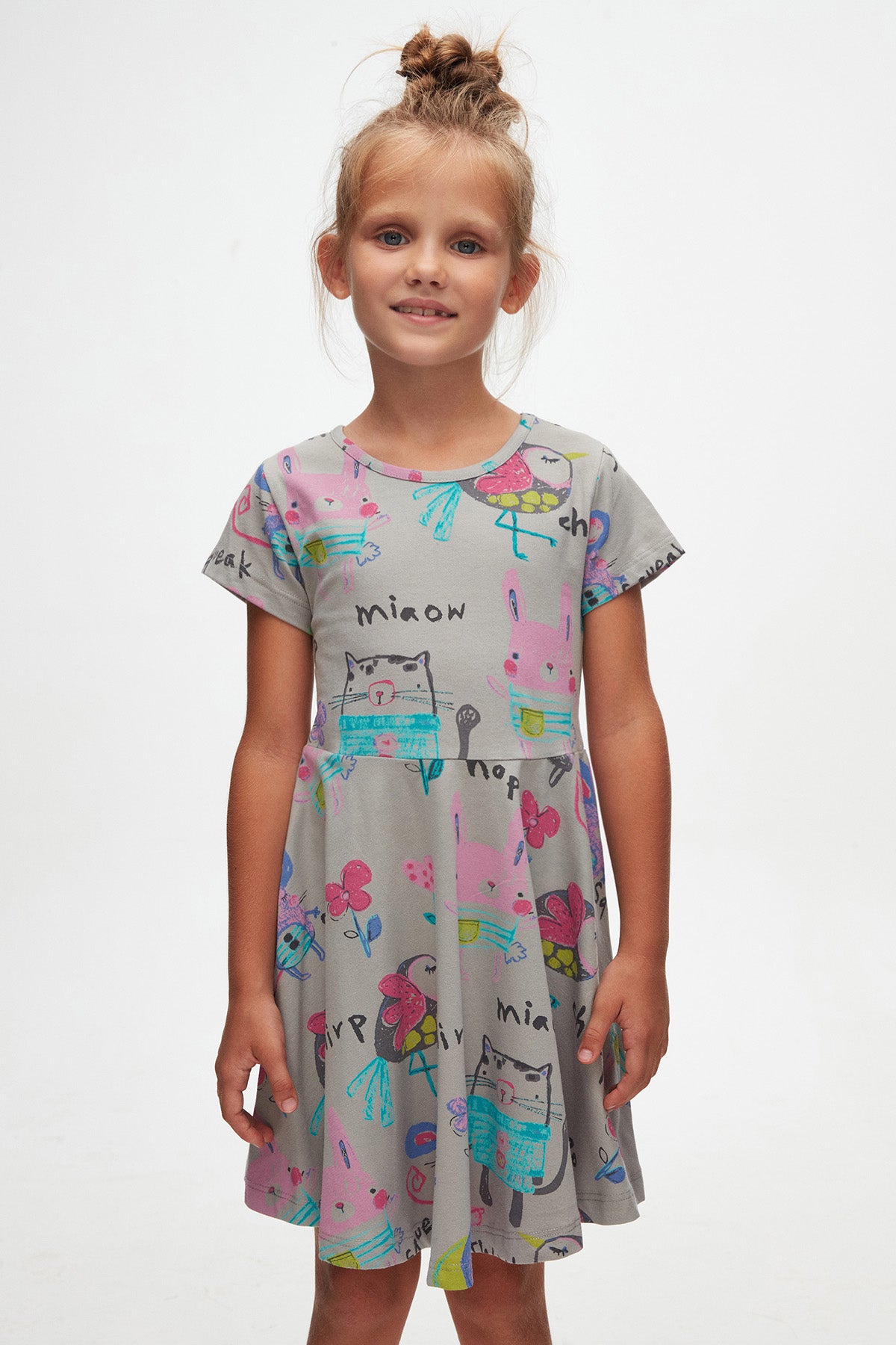 Girls' Chirping Animals Patterned Short Sleeve Dress (MOON GRAY)