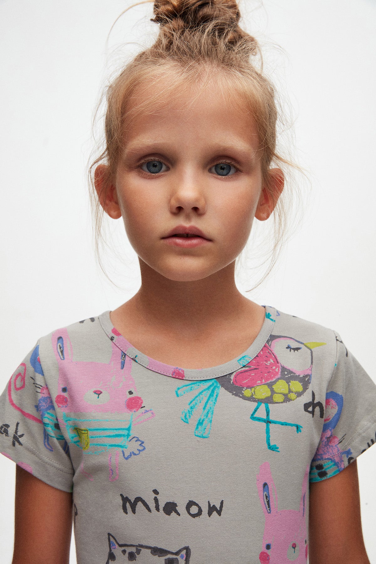 Girls' Chirping Animals Patterned Short Sleeve Dress (MOON GRAY)