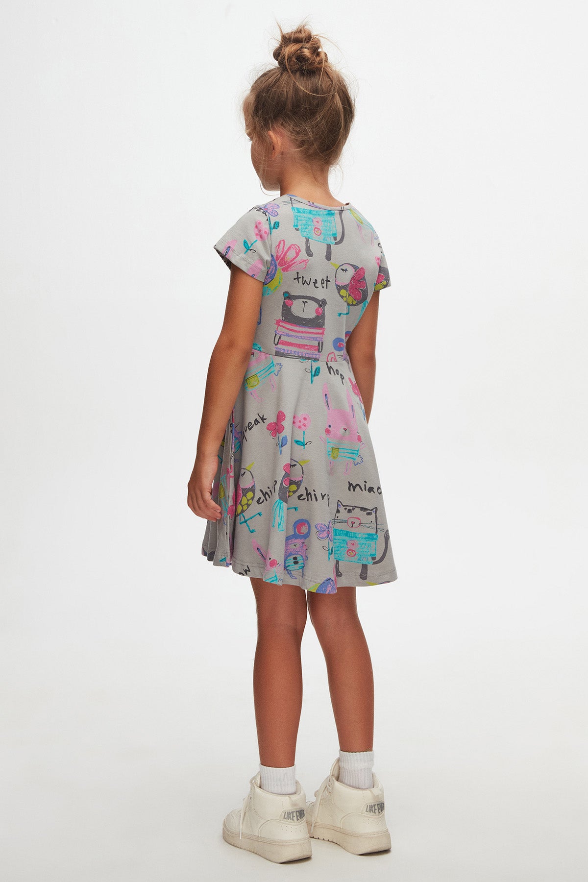 Girls' Chirping Animals Patterned Short Sleeve Dress_sizechart (MOON GRAY)