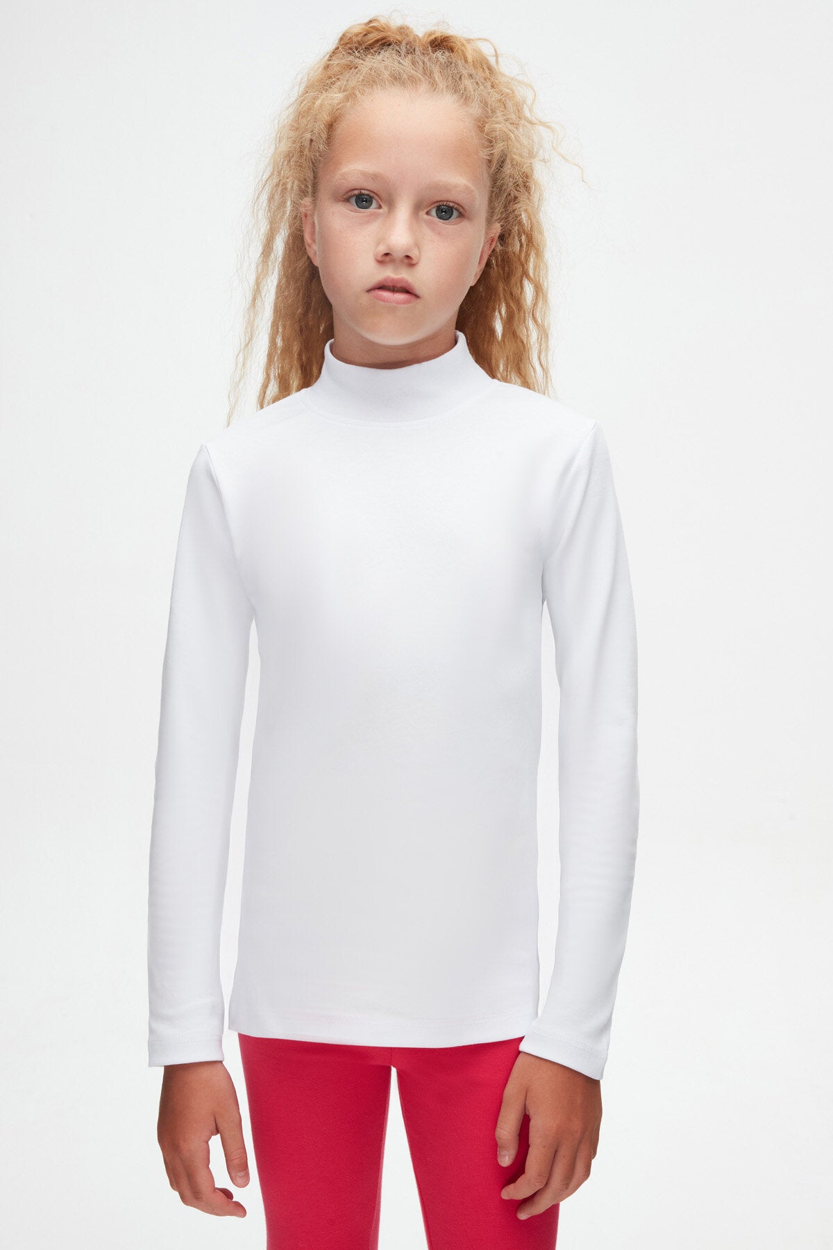 Girls' Basic Winter Mock Neck Long Sleeve T-Shirt (WHITE)
