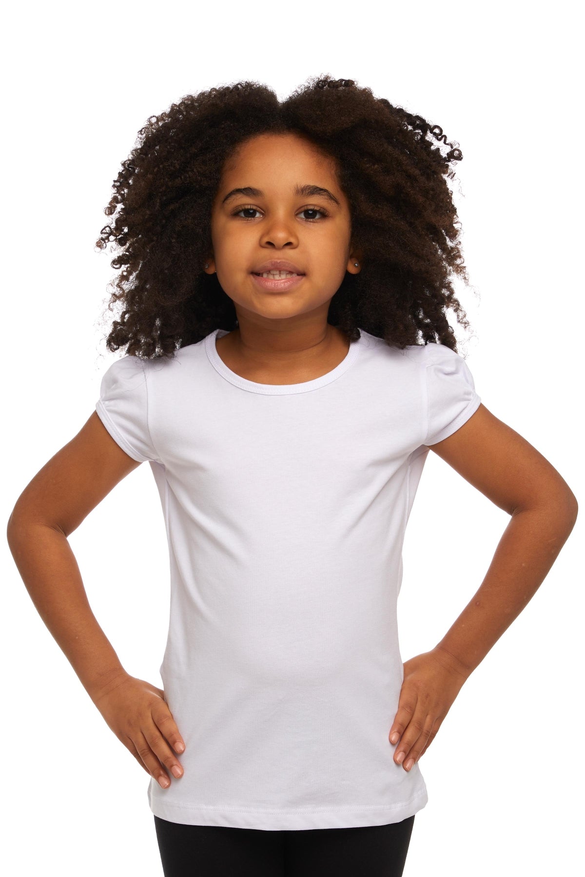 Girls' Basic Crew Neck Puff Sleeve T-Shirt (WHITE)