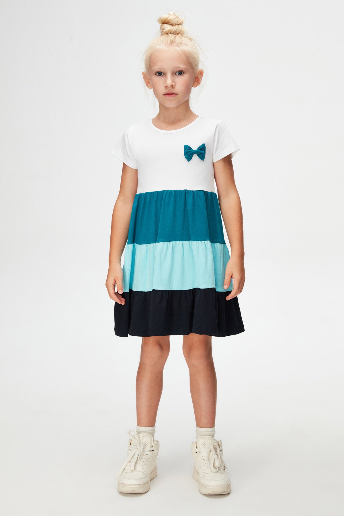 Girls Tiered Short Sleeve Bow Dress