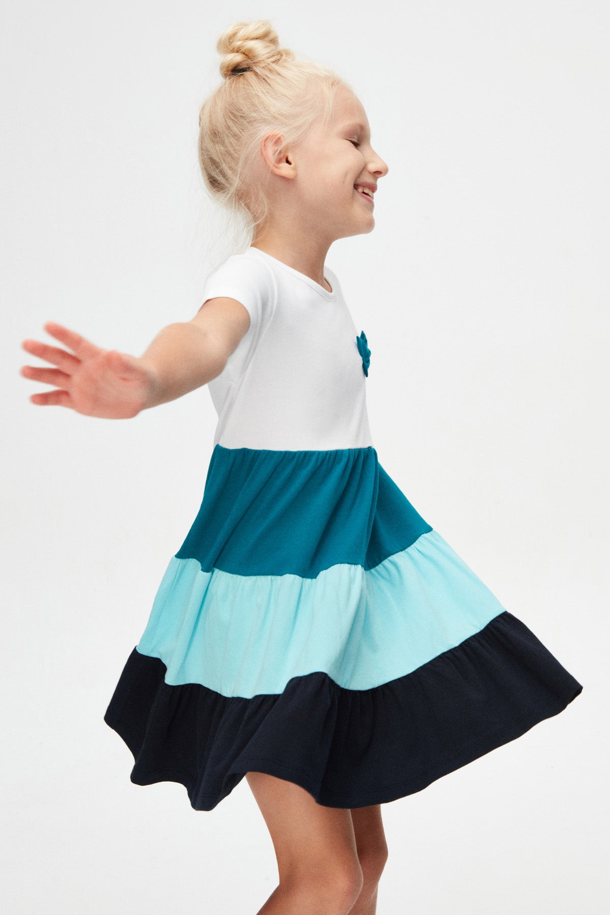 Girls Tiered Short Sleeve Bow Dress