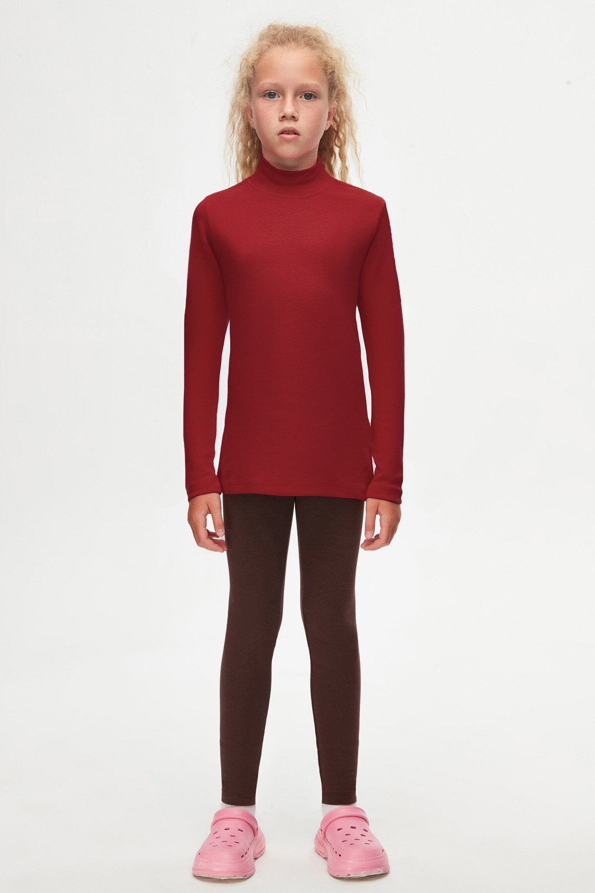 Girls' Basic Winter Mock Neck Long Sleeve T-Shirt (BURGUNDY)