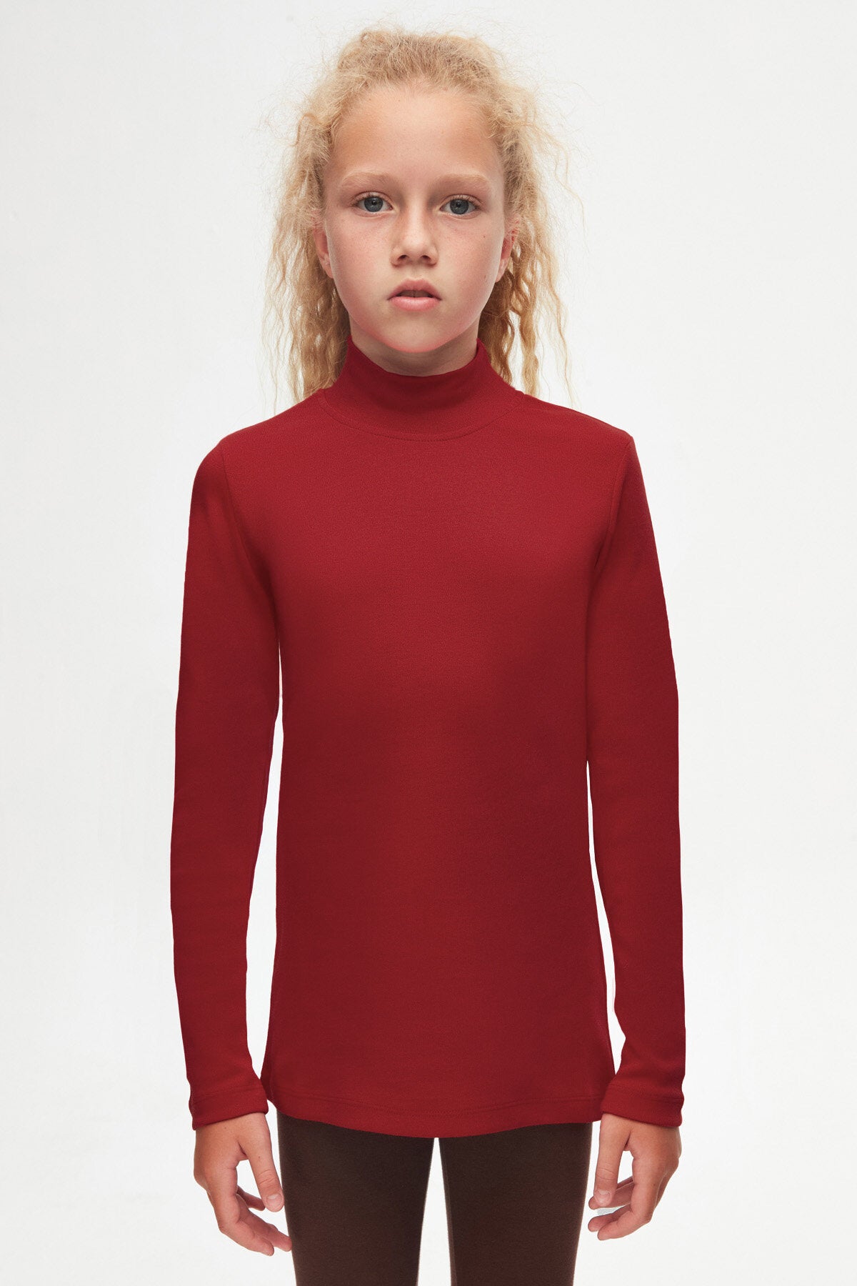 Girls' Basic Winter Mock Neck Long Sleeve T-Shirt (BURGUNDY)