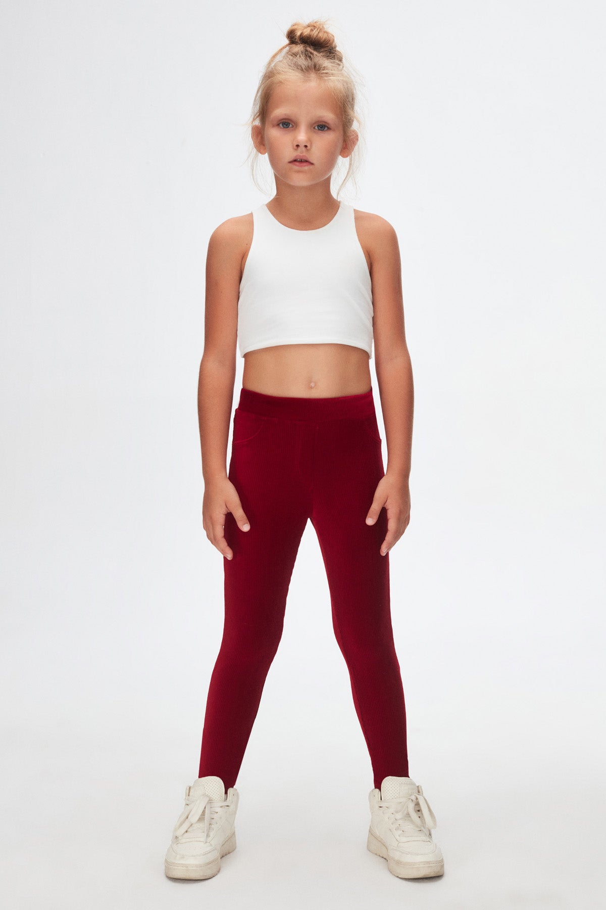 Girls' Ribbed Corduroy Leggings with Pockets (BURGUNDY)