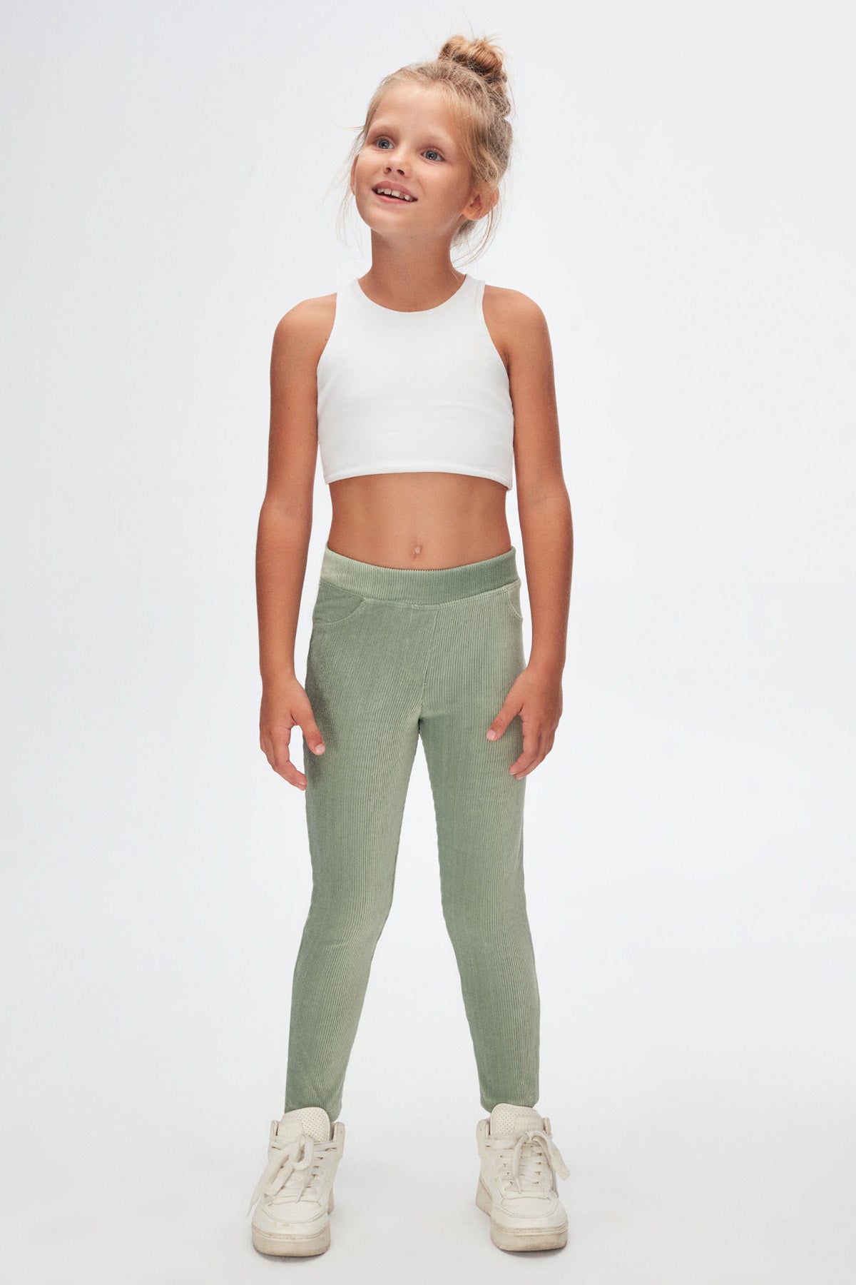 Girls' Ribbed Corduroy Leggings with Pockets (ALMOND GREEN)