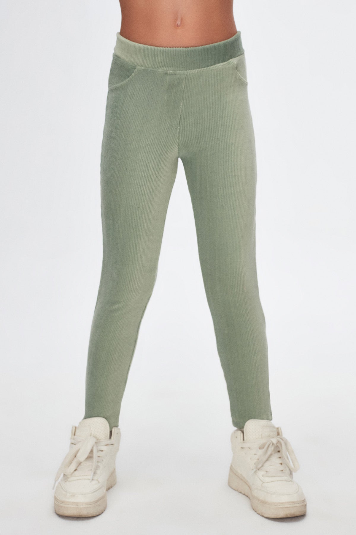Girls' Ribbed Corduroy Leggings with Pockets (ALMOND GREEN)