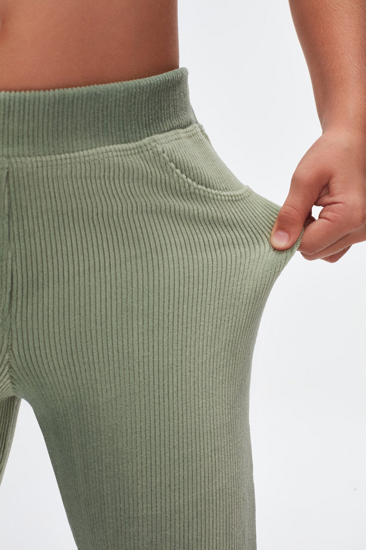 Girls' Ribbed Corduroy Leggings with Pockets (ALMOND GREEN)