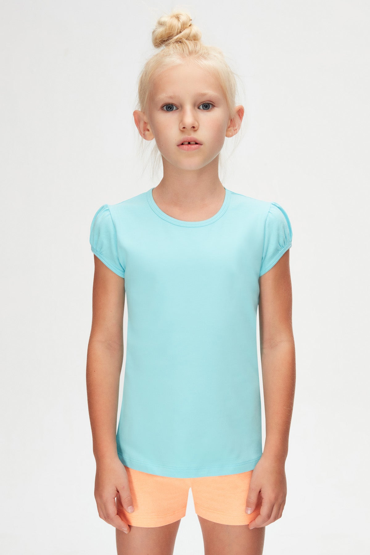 Girls' Basic Crew Neck Puff Sleeve T-Shirt (CYAN)