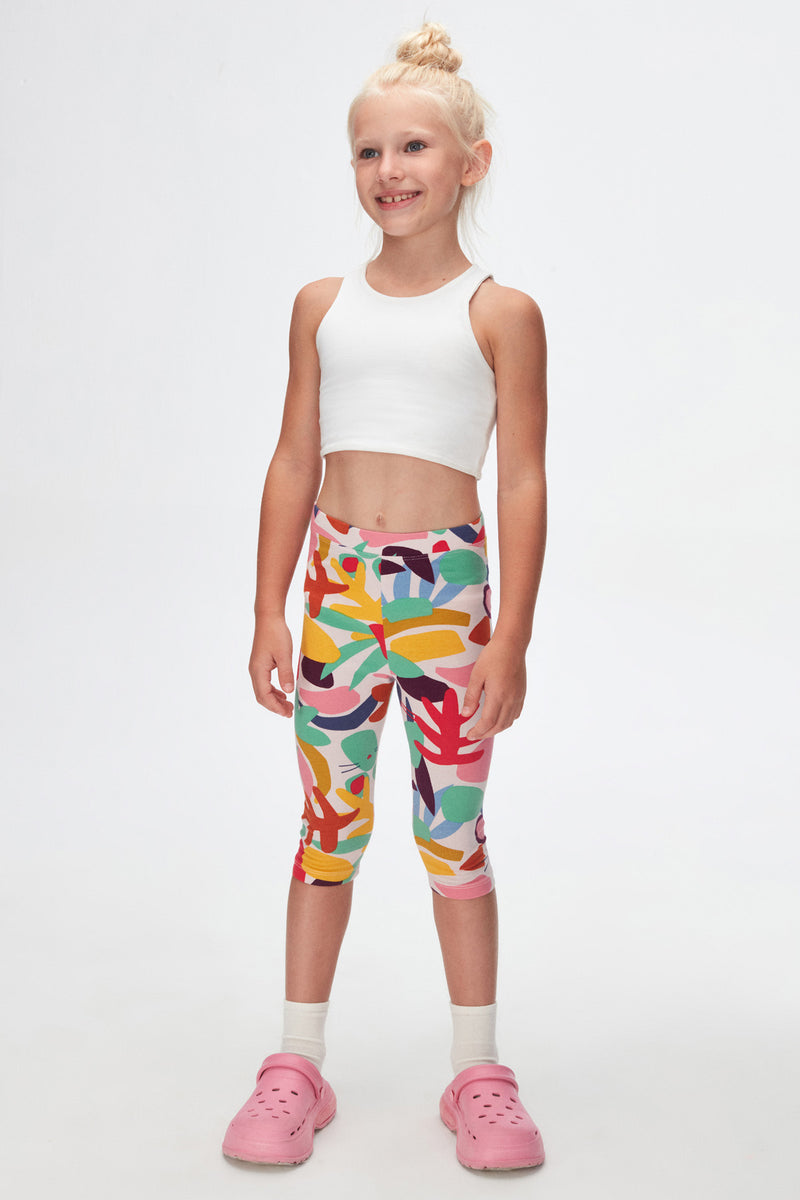 Cutouts Foliage Girls Patterned Below-the-Knee Capri Leggings
