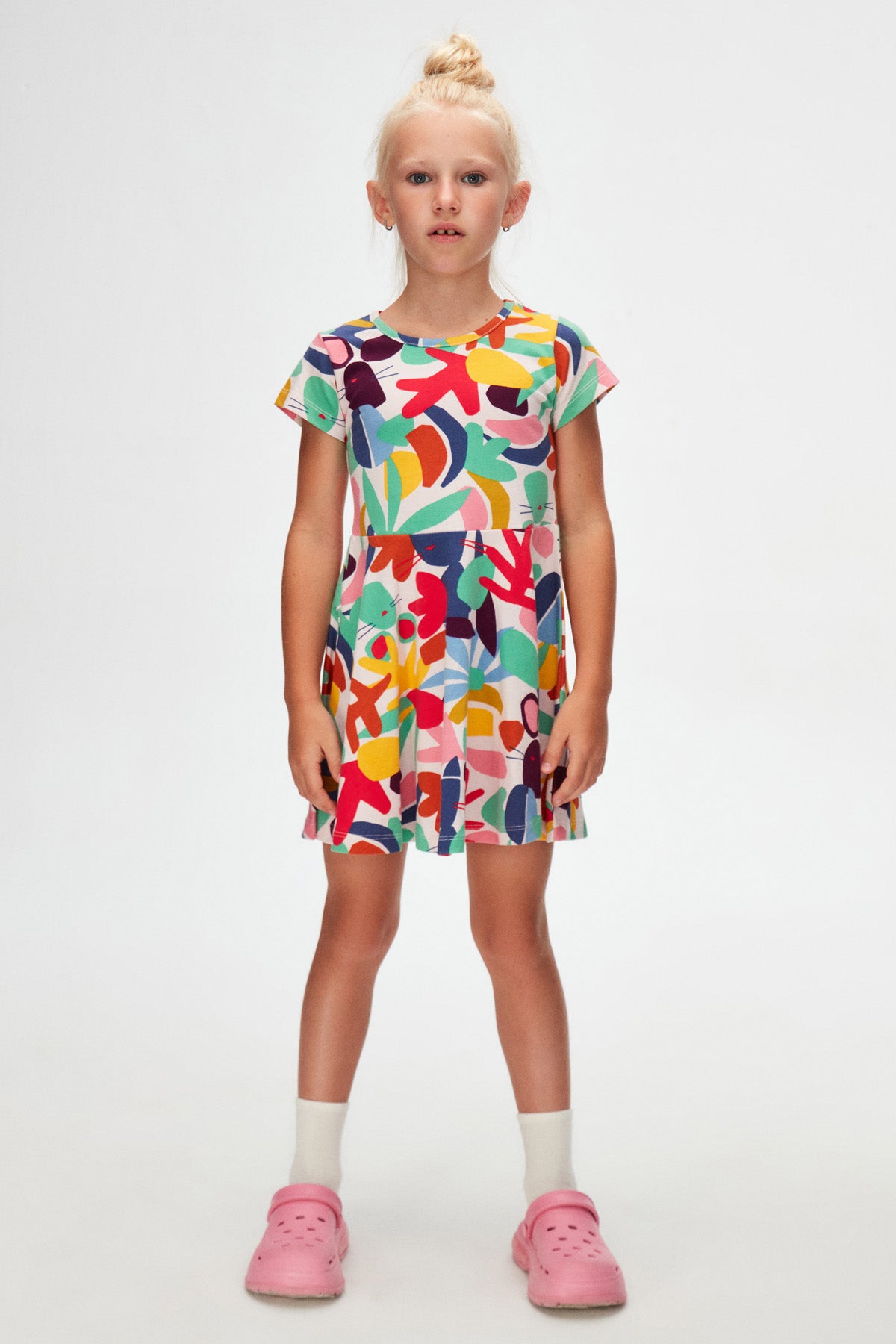 Girls Cutouts Foliage Patterned Short Sleeve Dress