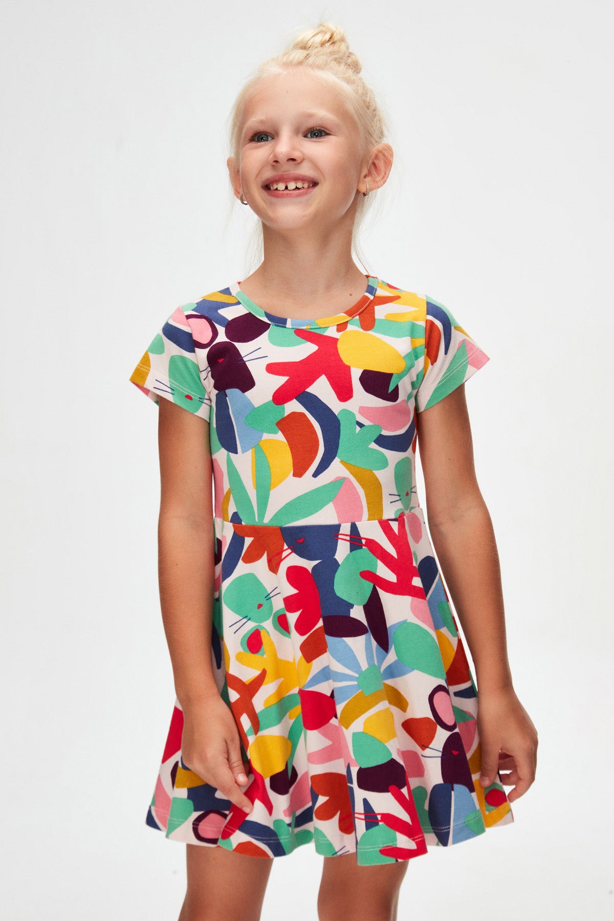 Girls Cutouts Foliage Patterned Short Sleeve Dress