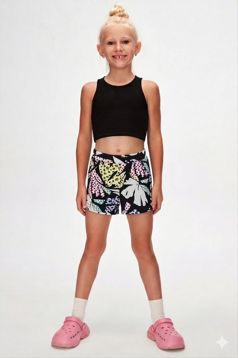 Girls' Cutouts Leaf Patterned Shorts with Pockets
