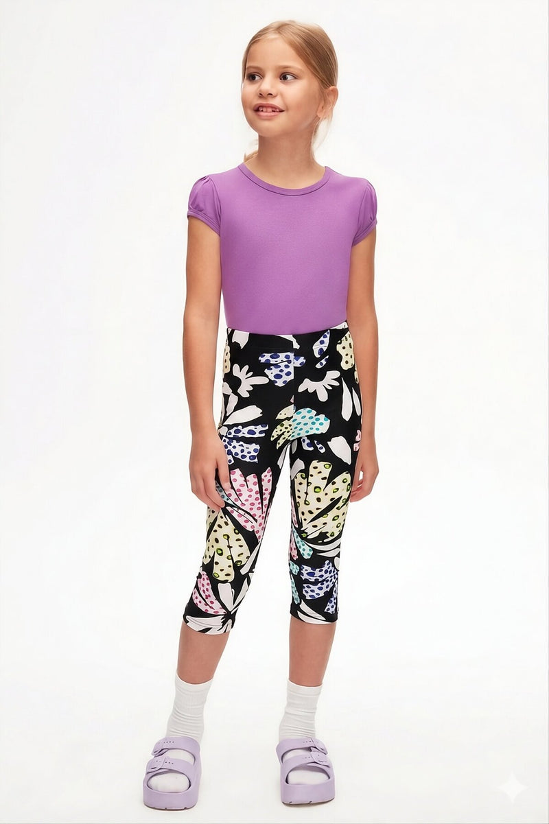 Girls' Cutouts Leaf Patterned Below-the-Knee Capri Leggings