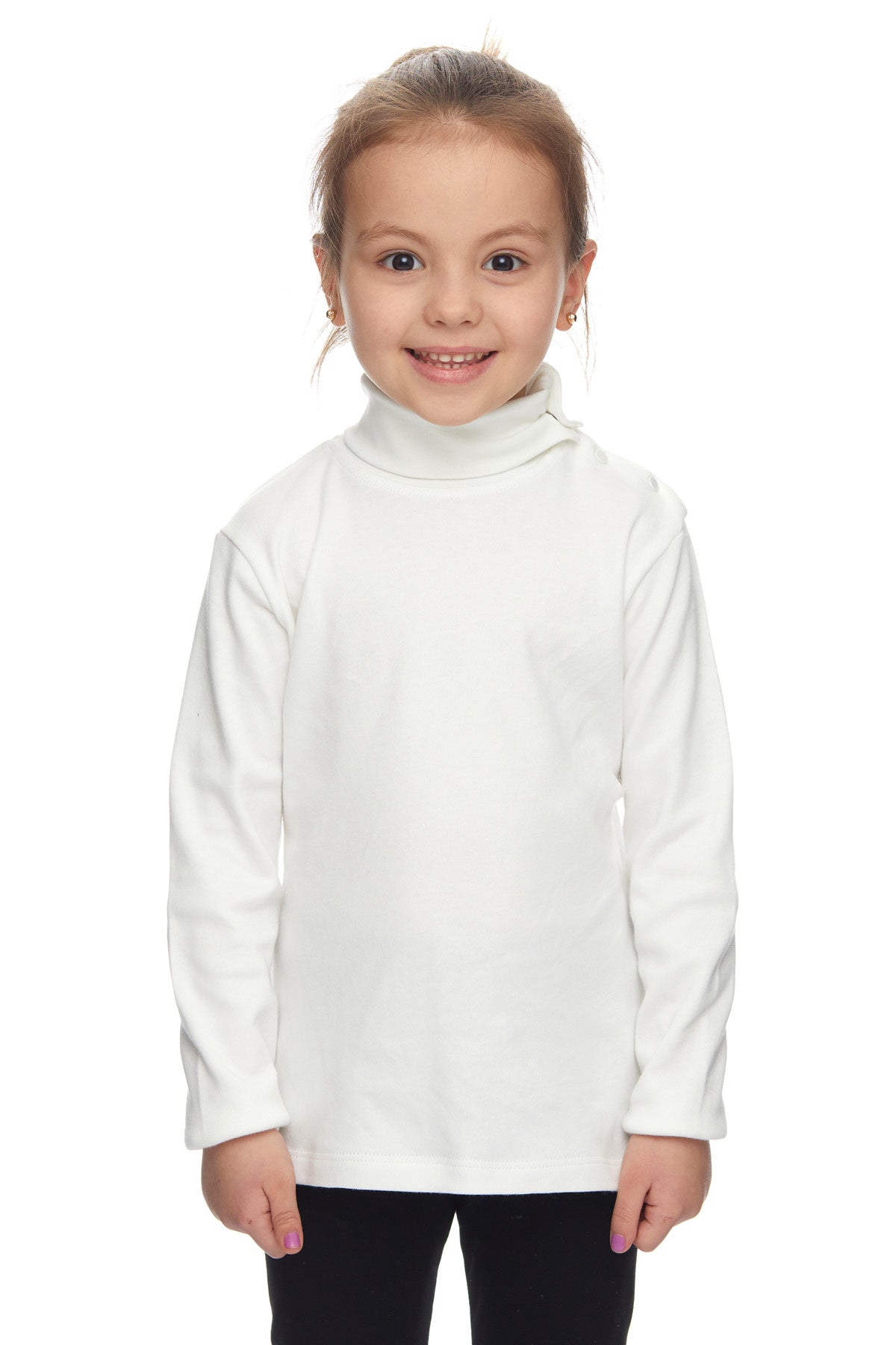 Girls' Basic Snap-Button Full Turtleneck Fleeced Winter Long Sleeve T-Shirt (GARDENIA ECRU)