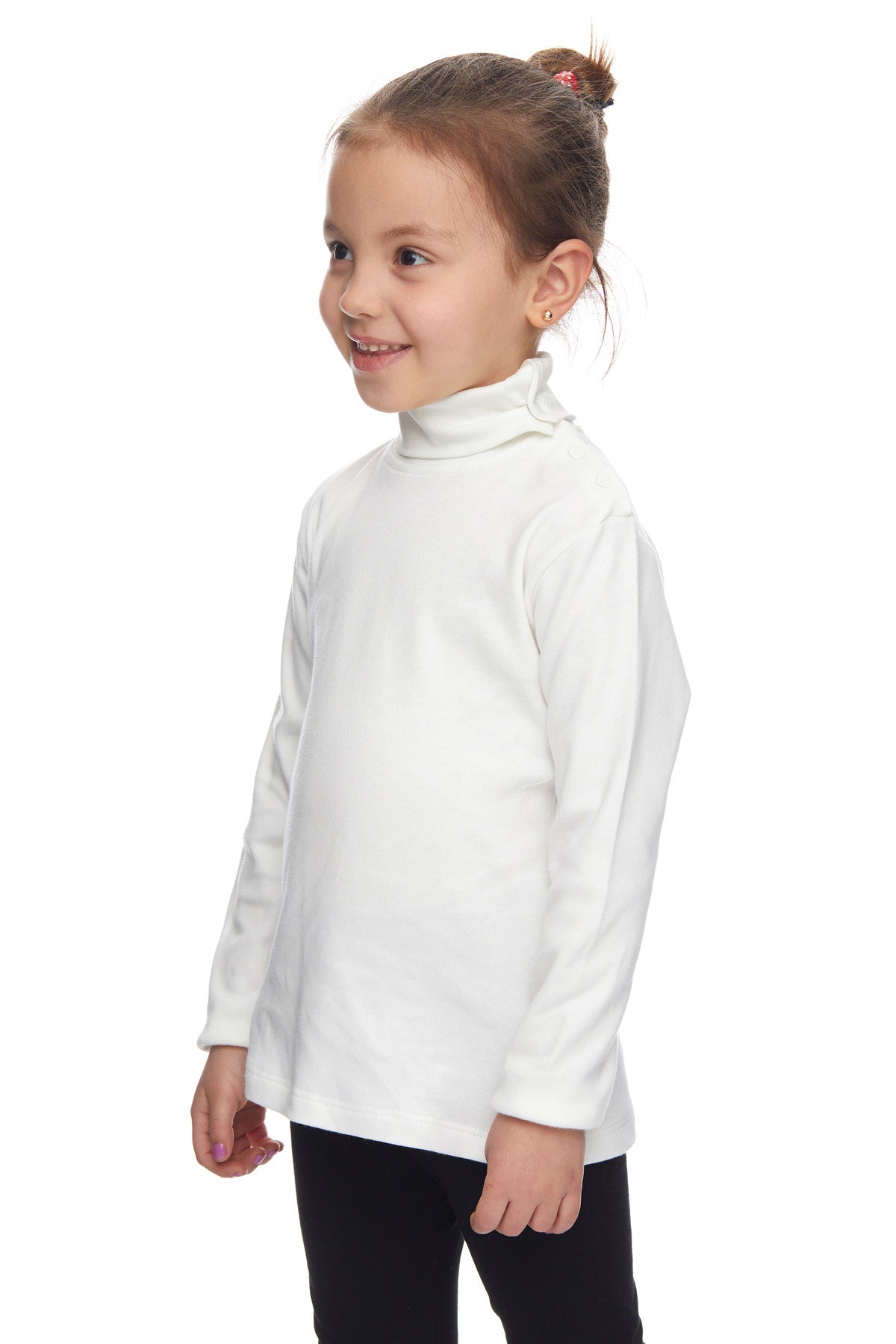 Girls' Basic Snap-Button Full Turtleneck Fleeced Winter Long Sleeve T-Shirt (GARDENIA ECRU)