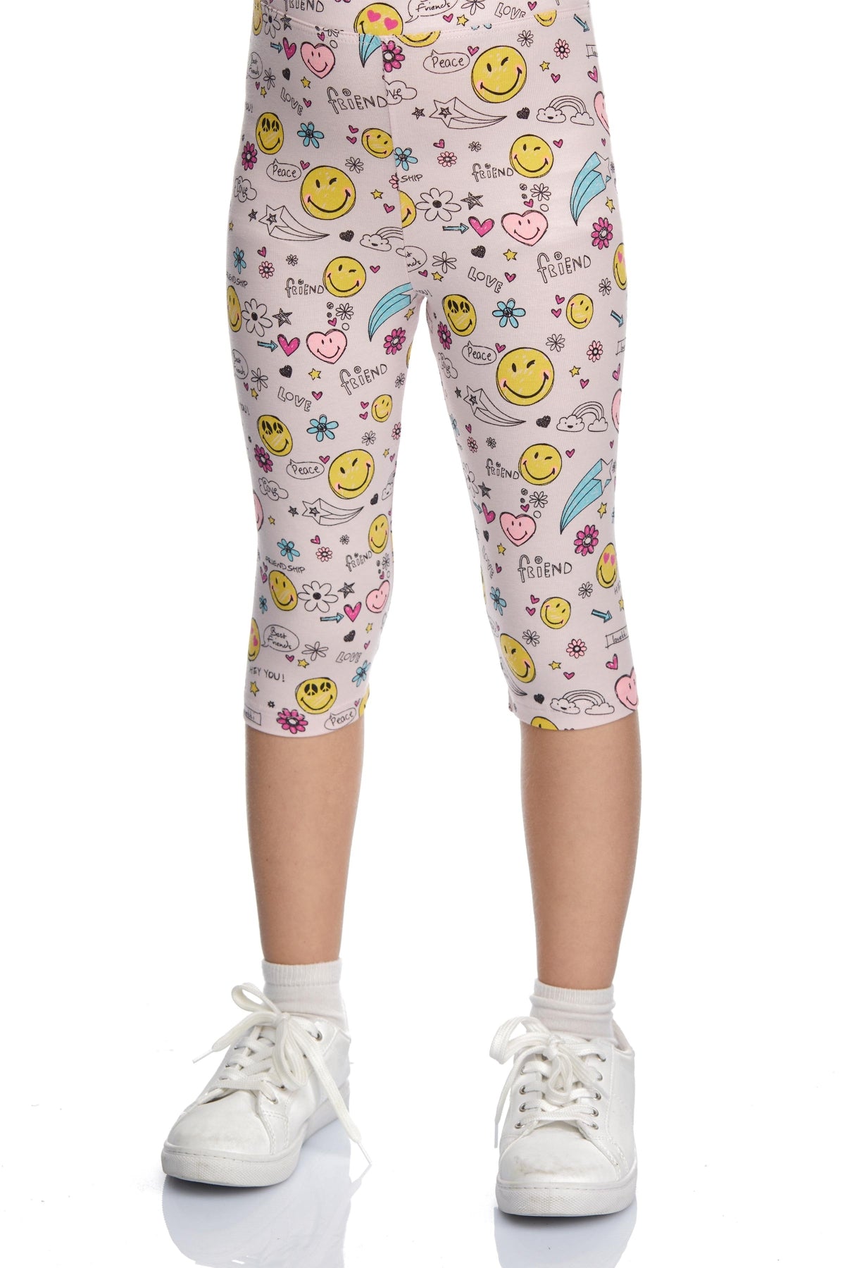 Girls Friendly Smile Patterned Below-Knee Capri Leggings