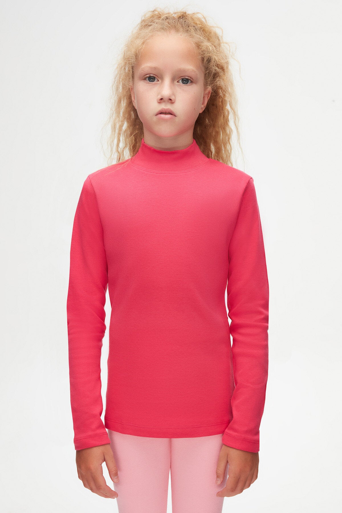 Girls' Basic Winter Mock Neck Long Sleeve T-Shirt (FUCHSIA ROSE)