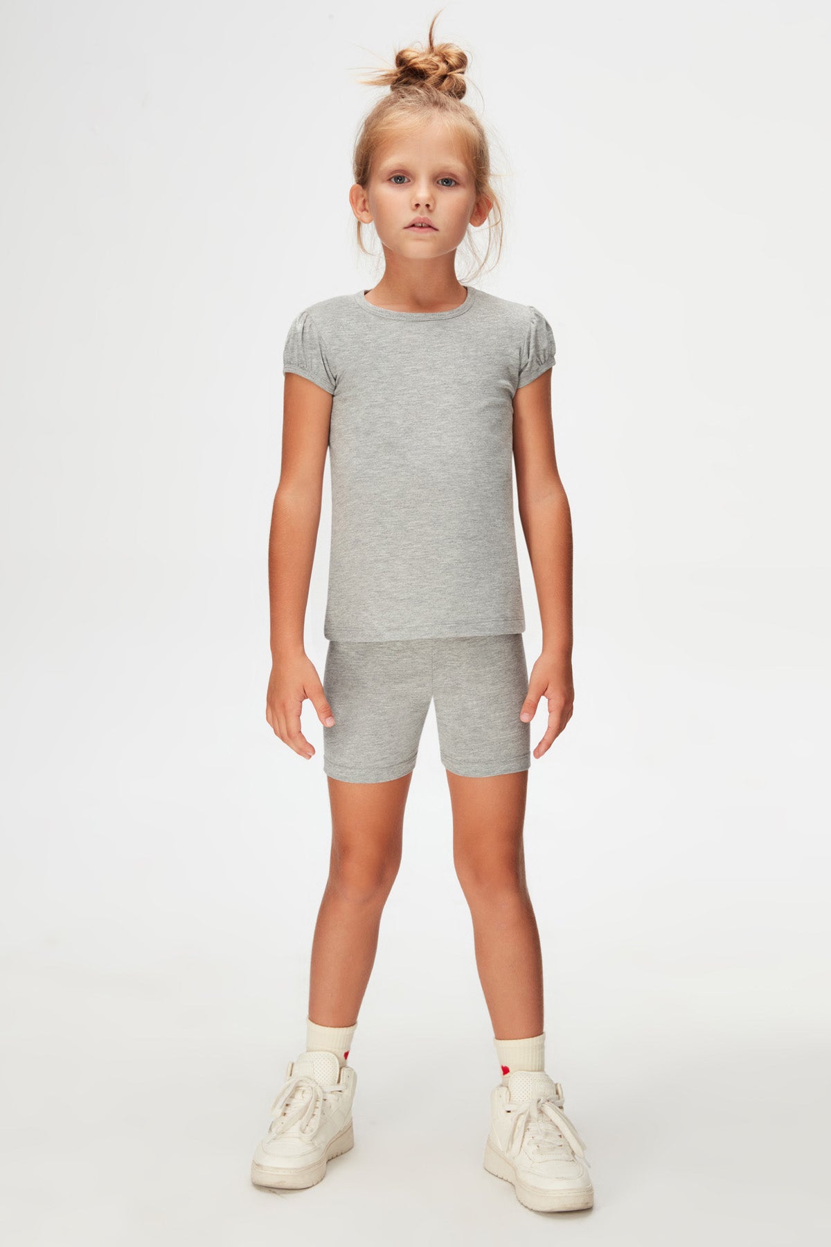 Girls' Basic Crew Neck Puff Sleeve T-Shirt (COOL GRAY)